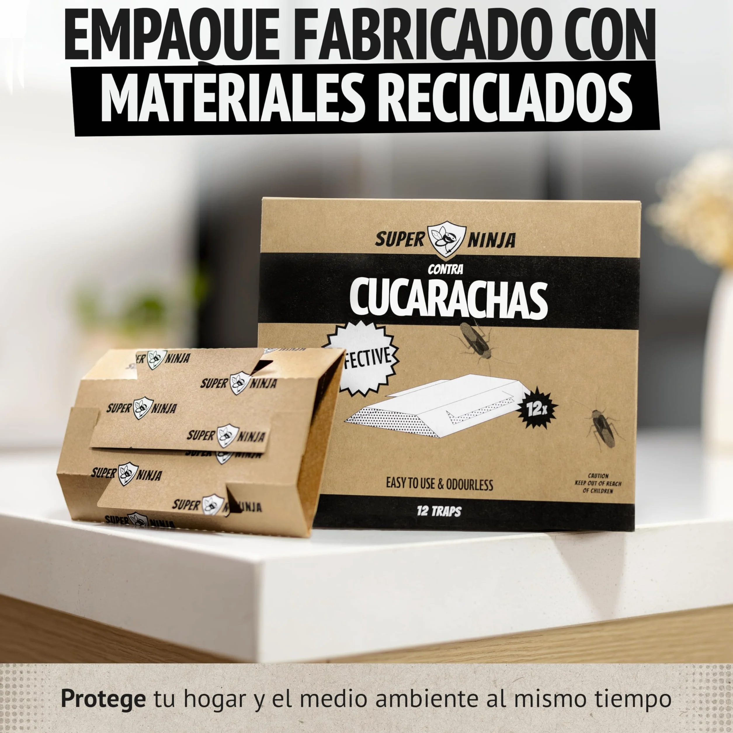 Trampas para Cucarachas Super Ninja – Pack 12 Unidades, Trampa Adhesiva con Atrayente Natural, Mata Cucarachas sin Tóxicos, Duración 3 Meses