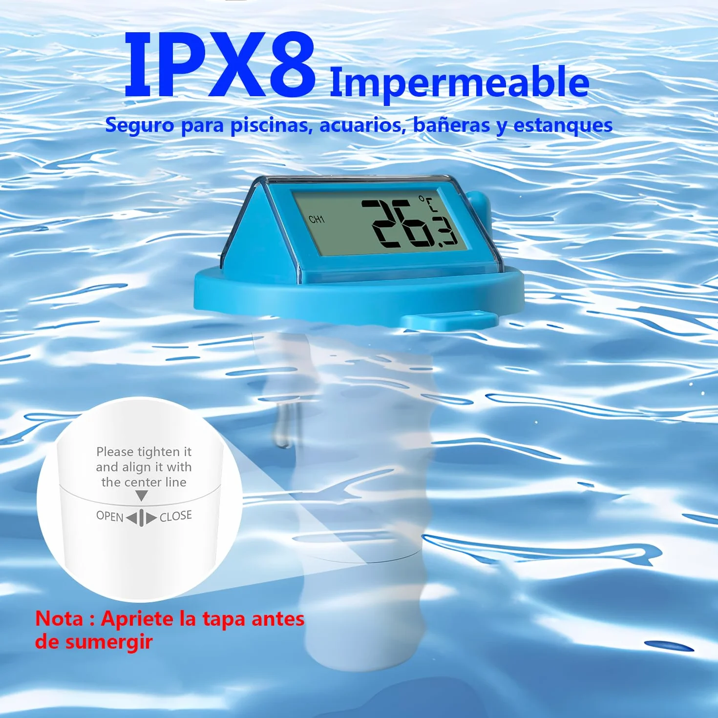 KETOTEK Termómetro inalámbrico para piscina IPX8, medidor digital de temperatura del agua flotante