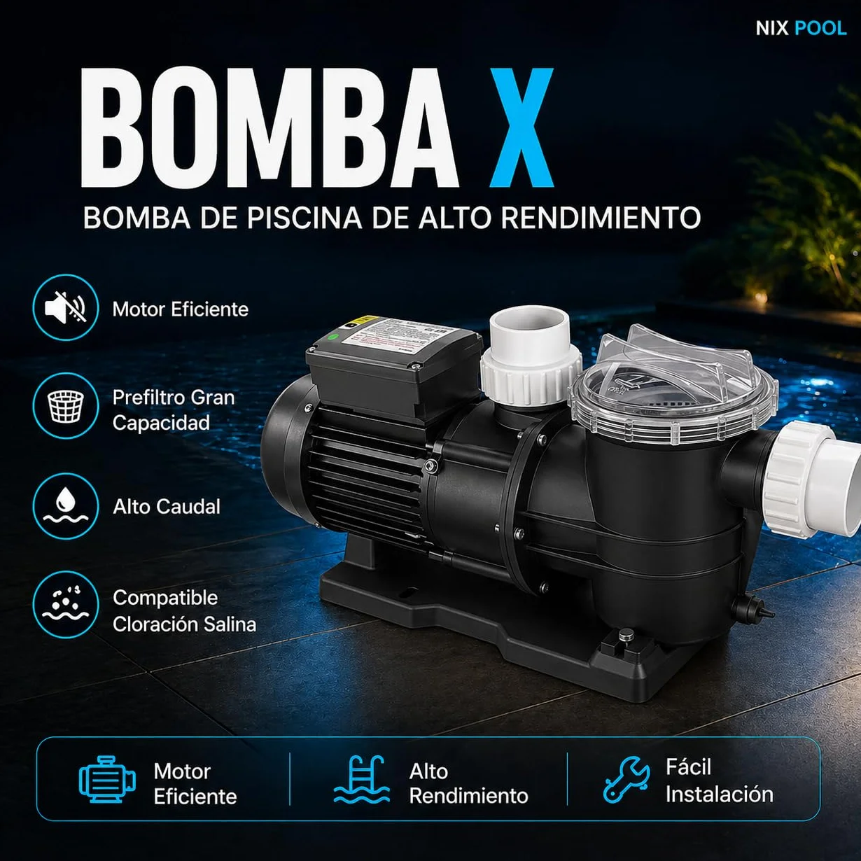 Bomba para Piscina 16500 L/h 1 CV 750 W Filtración con Cesta Extraíble