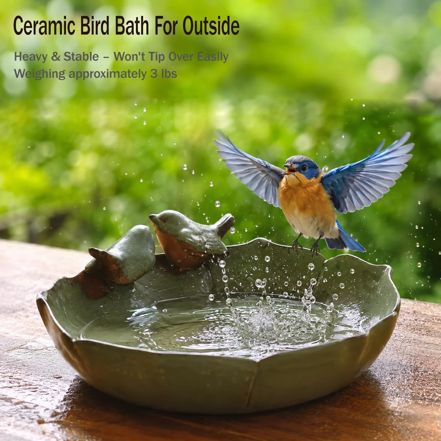 Baño de cerámica para pájaros para exteriores en el suelo, cuenco de baño para pájaros de 9.45 pulgadas, comederos de pájaros y baño para pájaros para exteriores, jardín, mesa, cubierta
