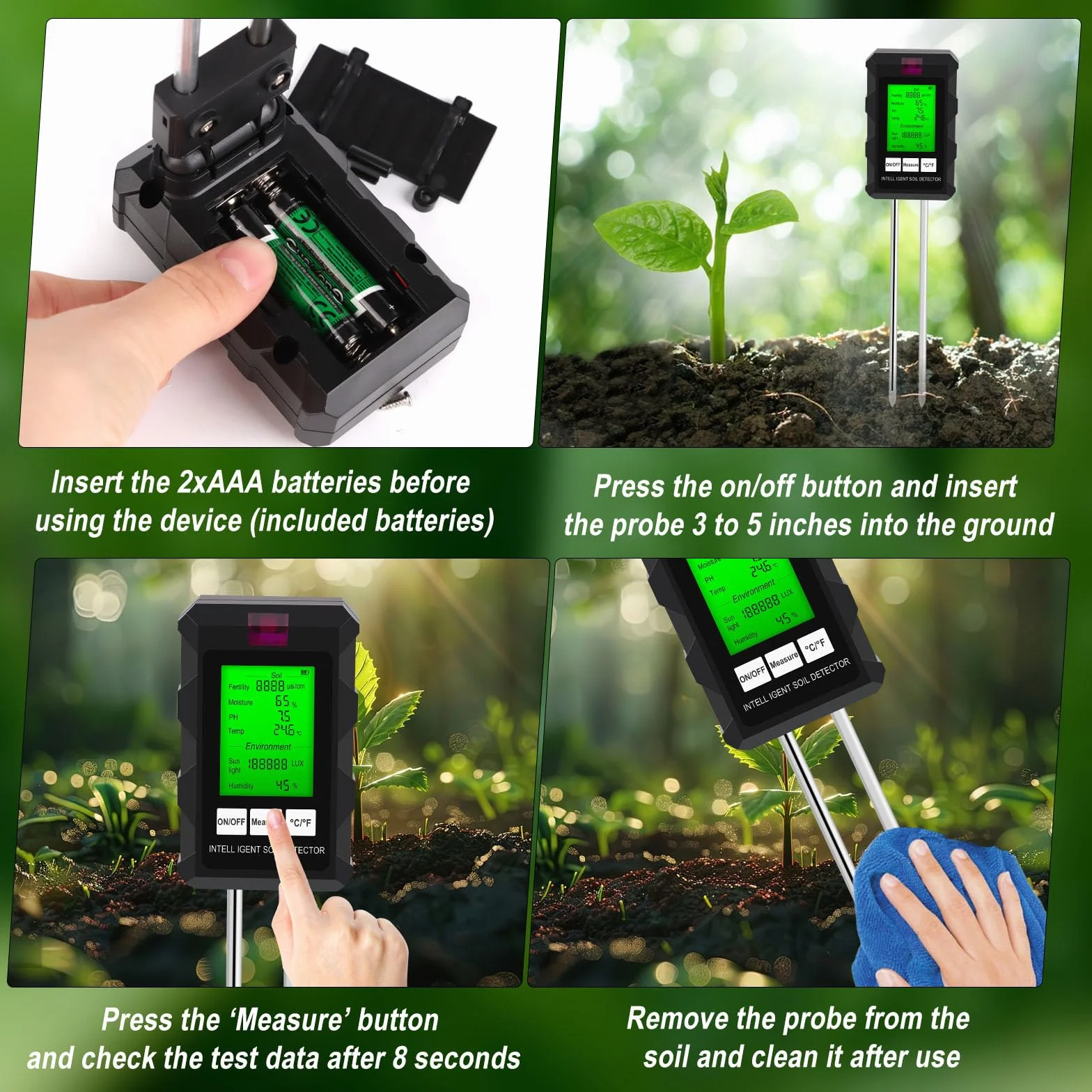 LWMTT Medidor de pH de Suelo 6 en 1, Pantalla LCD, Humedad, Temperatura, Luz Solar para Jardín