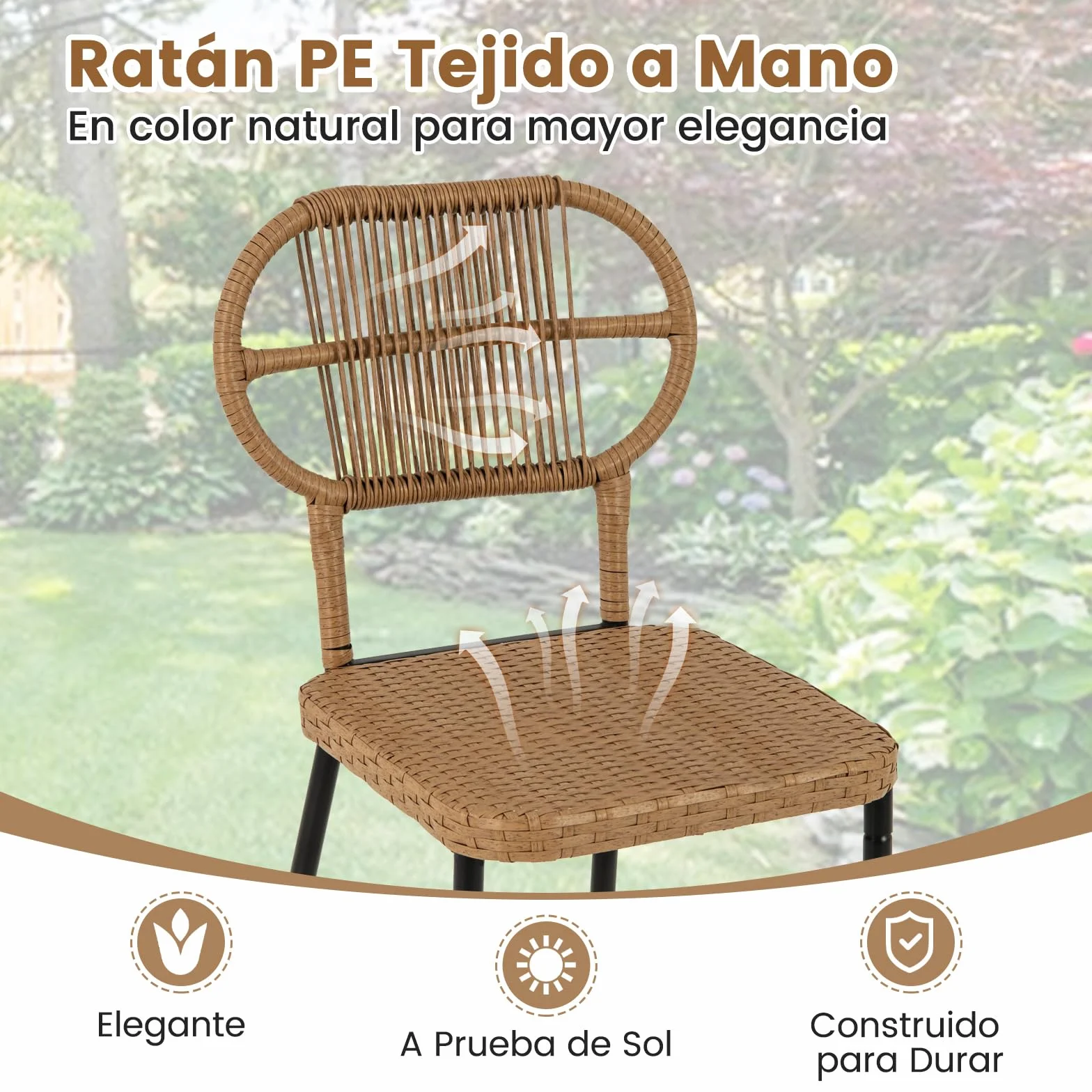 COSTWAY Conjunto Jardin Exterior de 3 Piezas, 2 Sillas de Ratán Apilables y Mesa de Comedor con Estante, Mesa y Sillas Jardin Terraza Balcon Interior Exterior