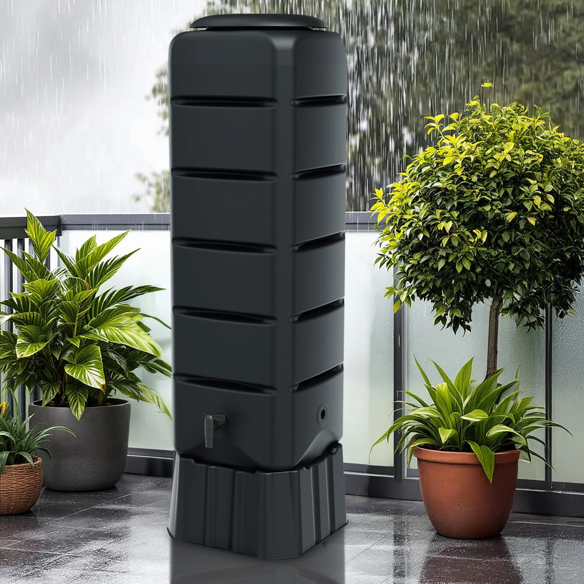 Depósito de lluvia antracita 120 L rectangular plástico gris 130 x 37 cm con grifo y soporte