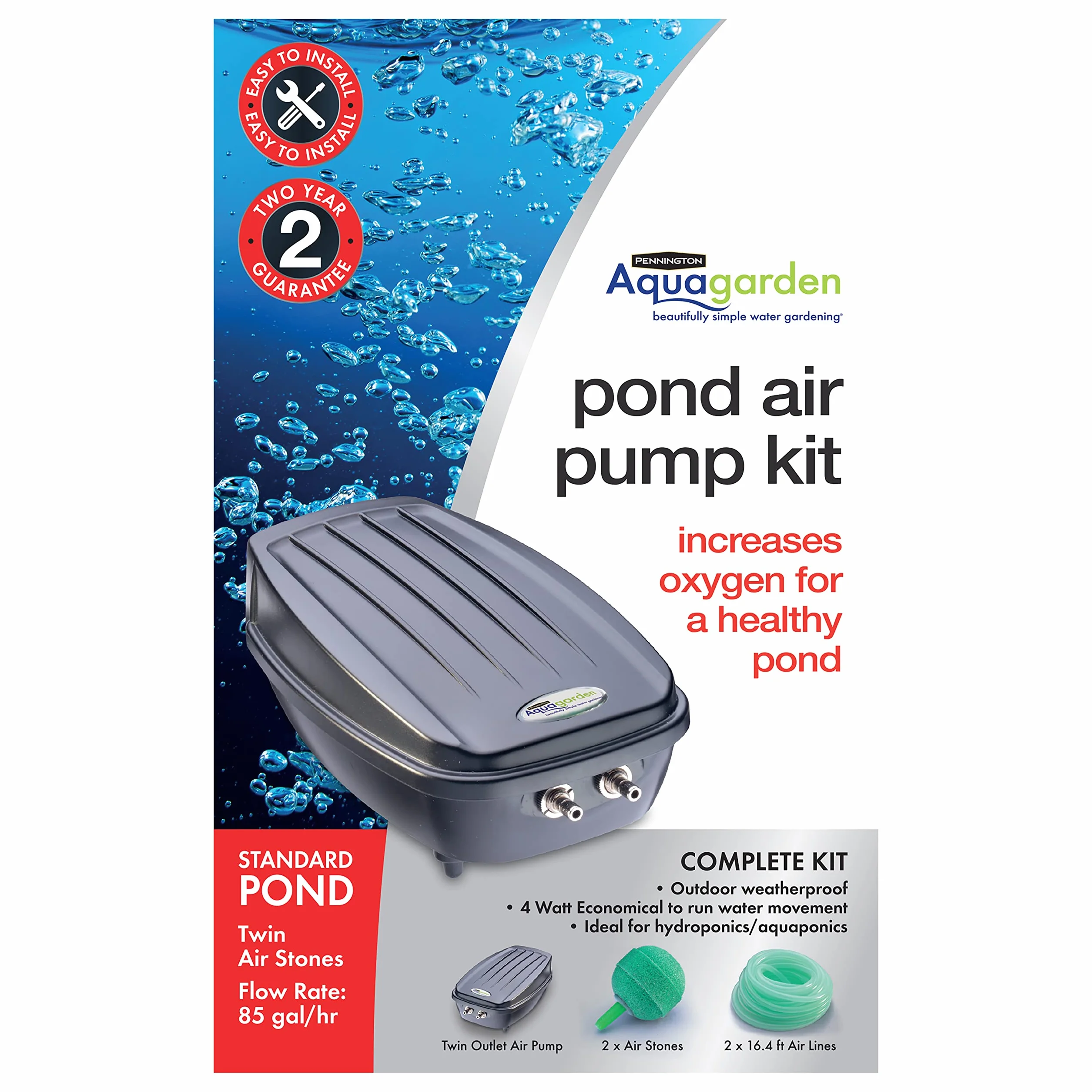 Aquagarden, Kit de bomba de aire para estanque, bomba de aire a prueba de intemperie para exteriores, oxigenador de estanque de doble salida, incluye 2 piedras de aire y 2 líneas de aire, tasa de