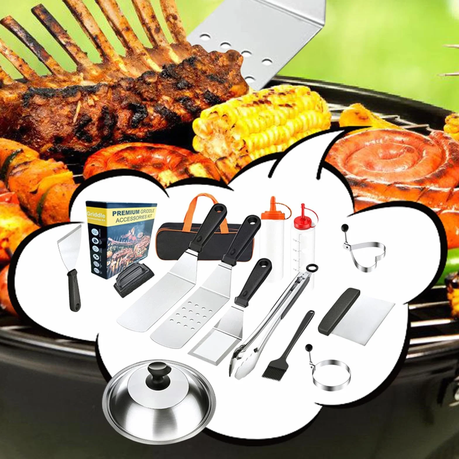 Juego de barbacoa al aire libre, juego de herramientas para barbacoa con maletín, juego de barbacoa de acero inoxidable, utensilios de cocina para exteriores con accesorios completos para camping, | maletín, juego de barbacoa de acero inoxidable, utensili