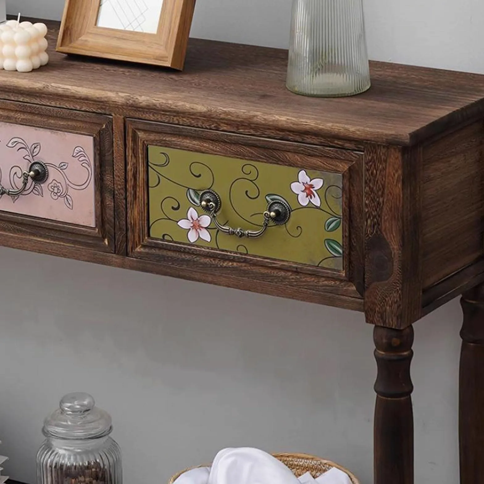 Consola de Entrada con 3 cajones, Cómoda de Madera Maciza con estantes, Mesa de recibidor, Mueble de almacenaje, Mesa Auxiliar para sofá, Mueble Bar