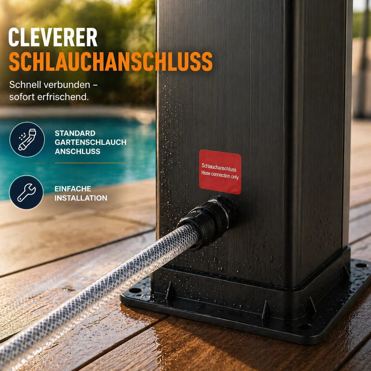 Ducha Solar de Jardín Exterior 40 Litros Hasta 60°C Grifo Conexión Manguera Cabezal Regulable Ocean Negro/Plata