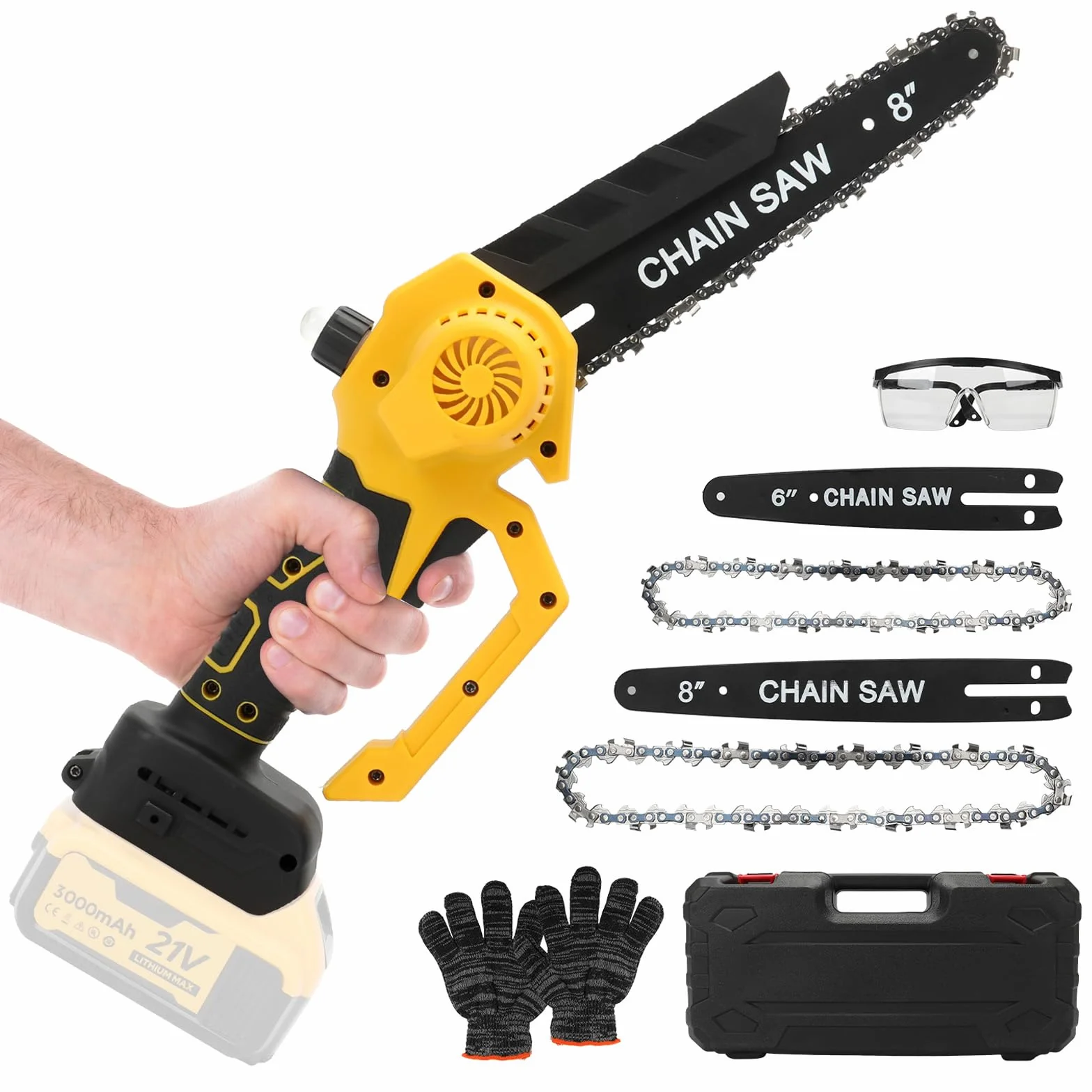 Mini Motosierra a Batería, 6'' y 8 Motosierra Eléctrica Para y Cadena Reemplazable, Sin Escobillas, Portátil Moto sierra Inalámbrica de Mano Para Jardinería, Corte de Ramas (DW Amarillo)