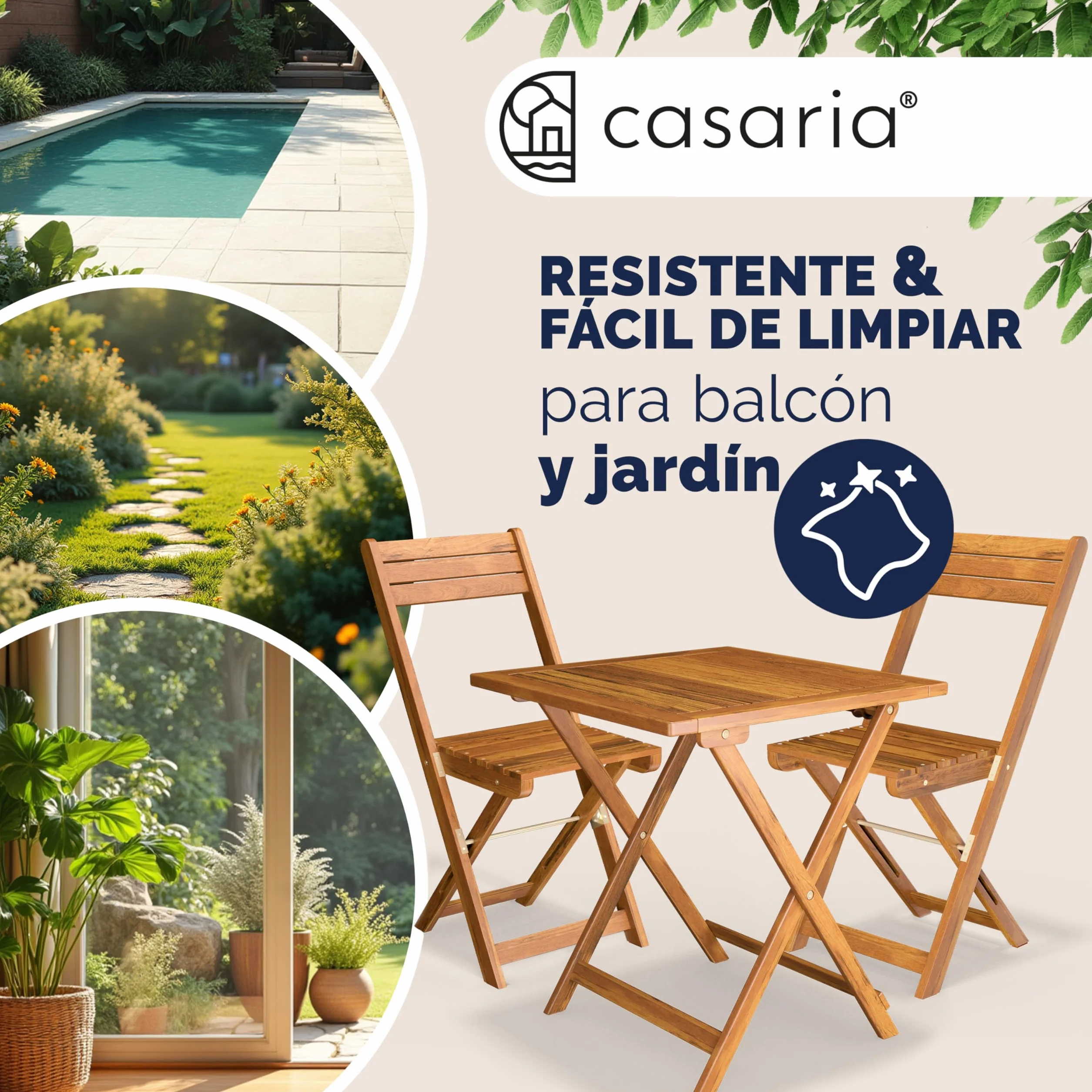 Casaria Set de Mesa y 2 Sillas Plegables Madera, Juego Bistró Compacto Jardín