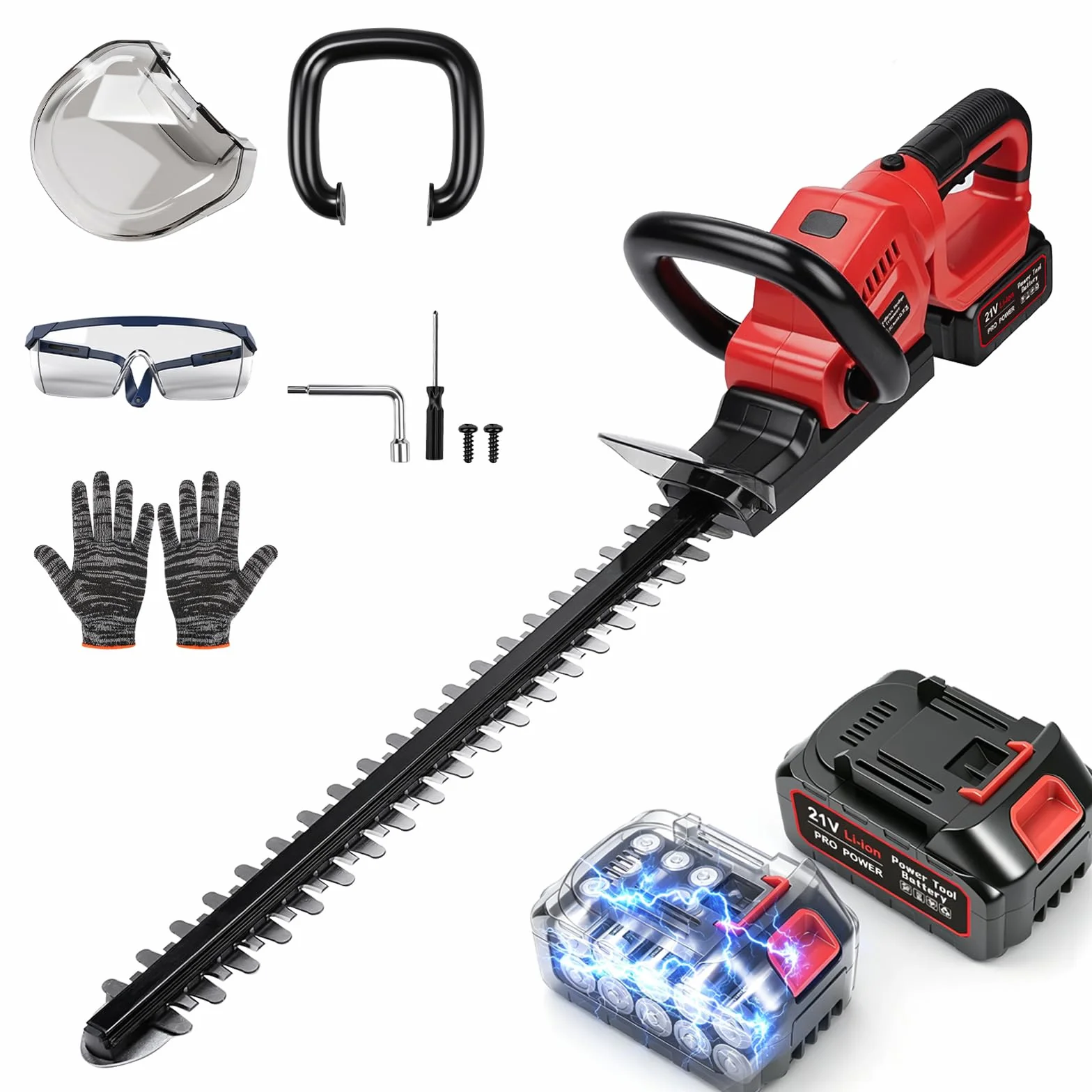 Cortasetos con batería, 21 V, 850 W, cuchillo de 20 pulgadas con distancia entre dientes de 18 mm, mango giratorio de 180°, doble interruptor de seguridad, incluye 1 batería ideal para arbustos, setos