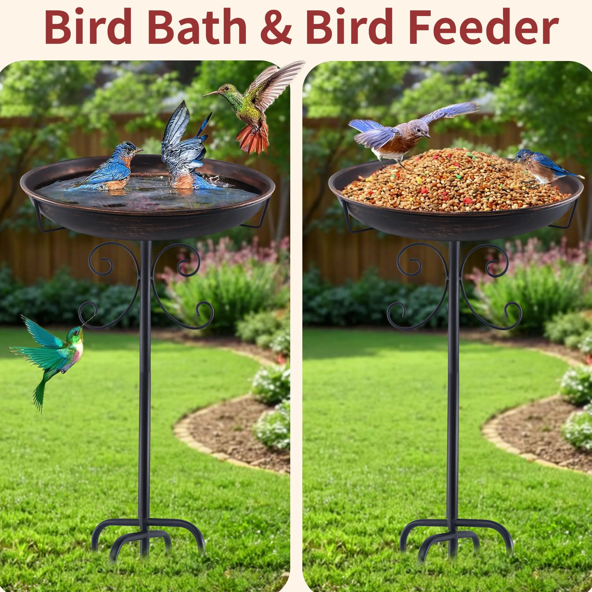 Bebedero para pájaros de pie, Comedero Pajaros Exterior con Pie, Baño de Pájaros Metal Regulable en Altura, Decoración Jardín Resistente Invierno