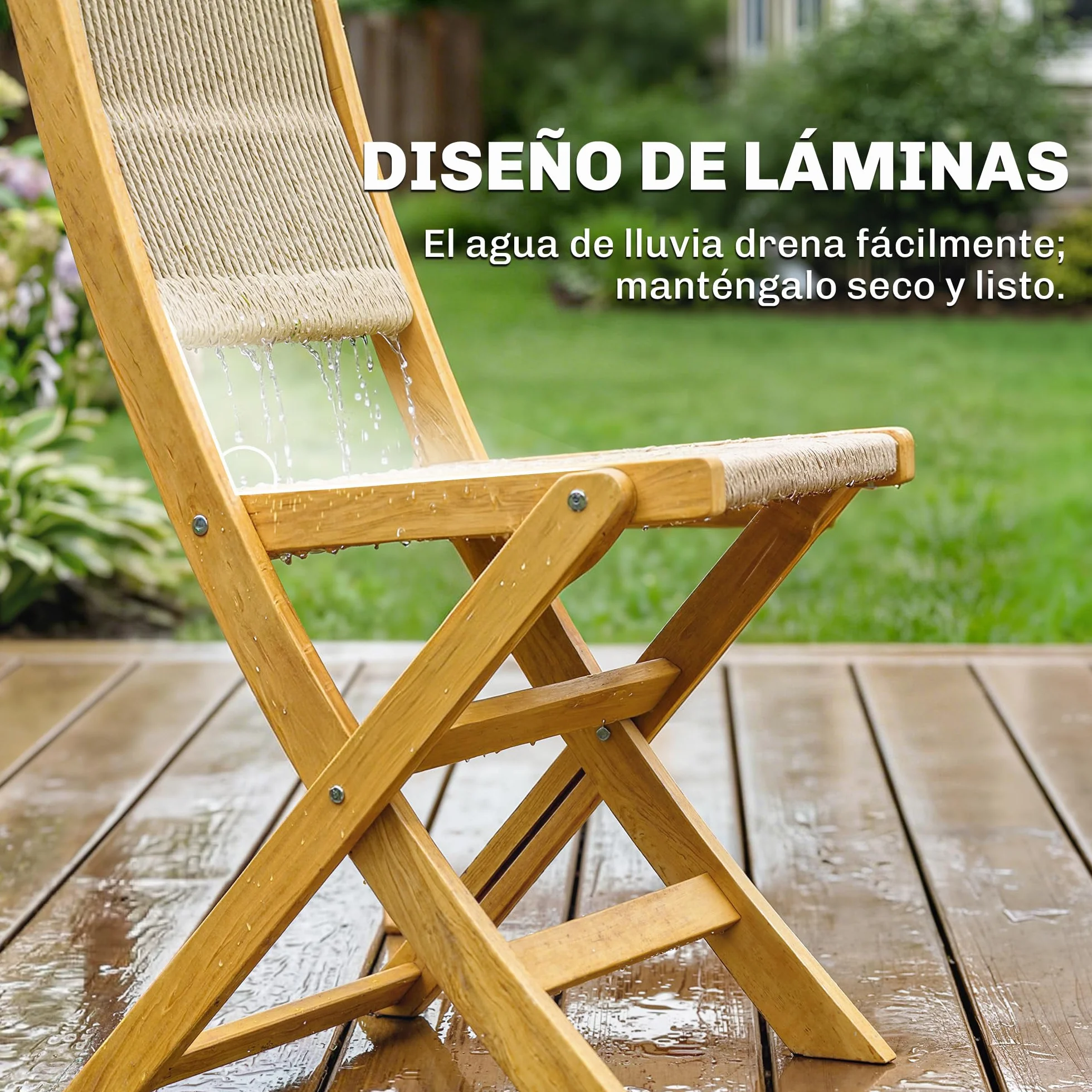 Outsunny Conjunto de Mesa y Sillas de Terraza Exterior de Madera 3 Piezas, 2 Sillas Plegables, Asiento Respaldo de Cuerda PP, Mesa Redonda para Patio