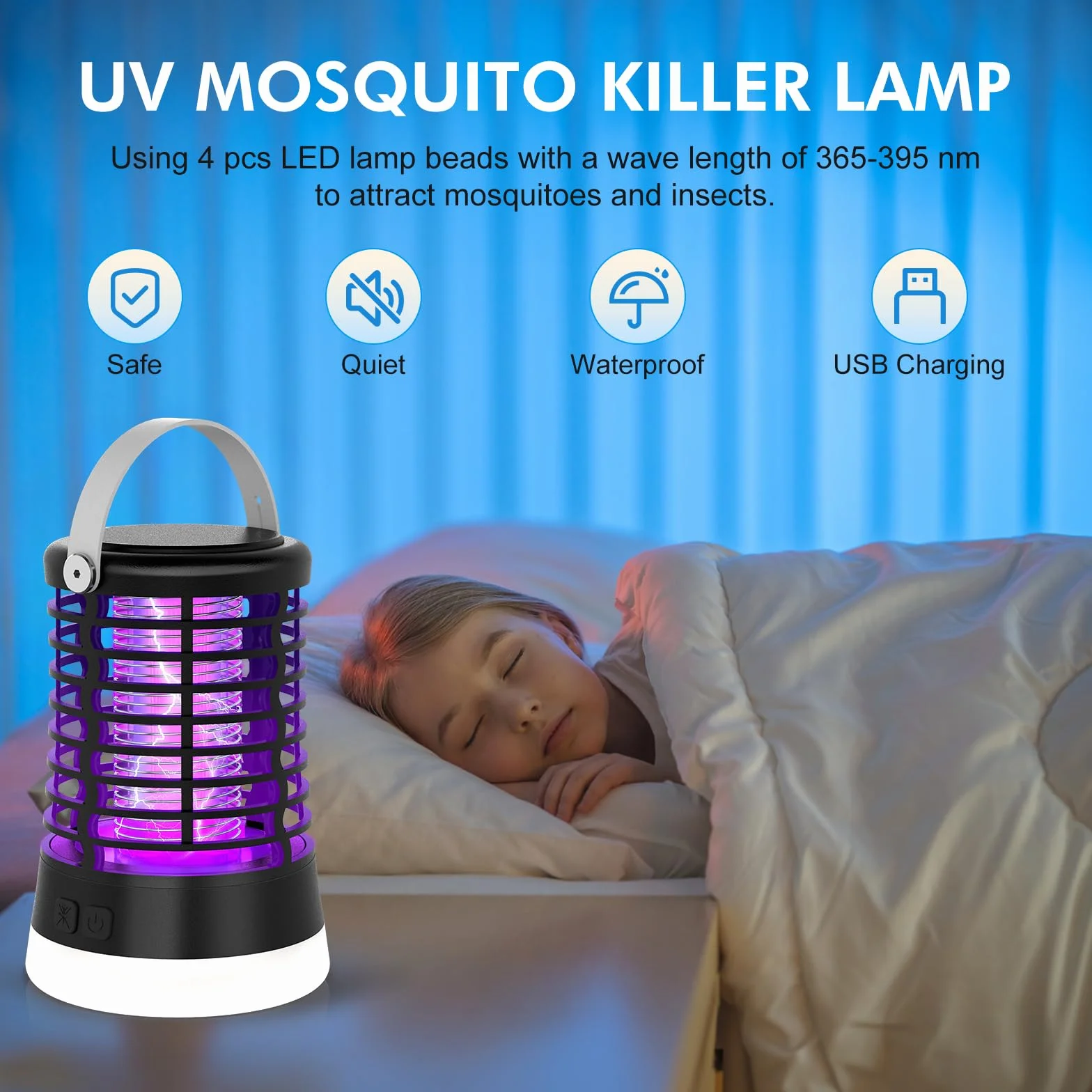 Lámpara Antimosquitos Exterior 2000V Mata Mosquitos Eléctrico IP66 Impermeable Recargable USB Tipo-C Batería 2200mAh LED 3 en 1 para Camping Jardín