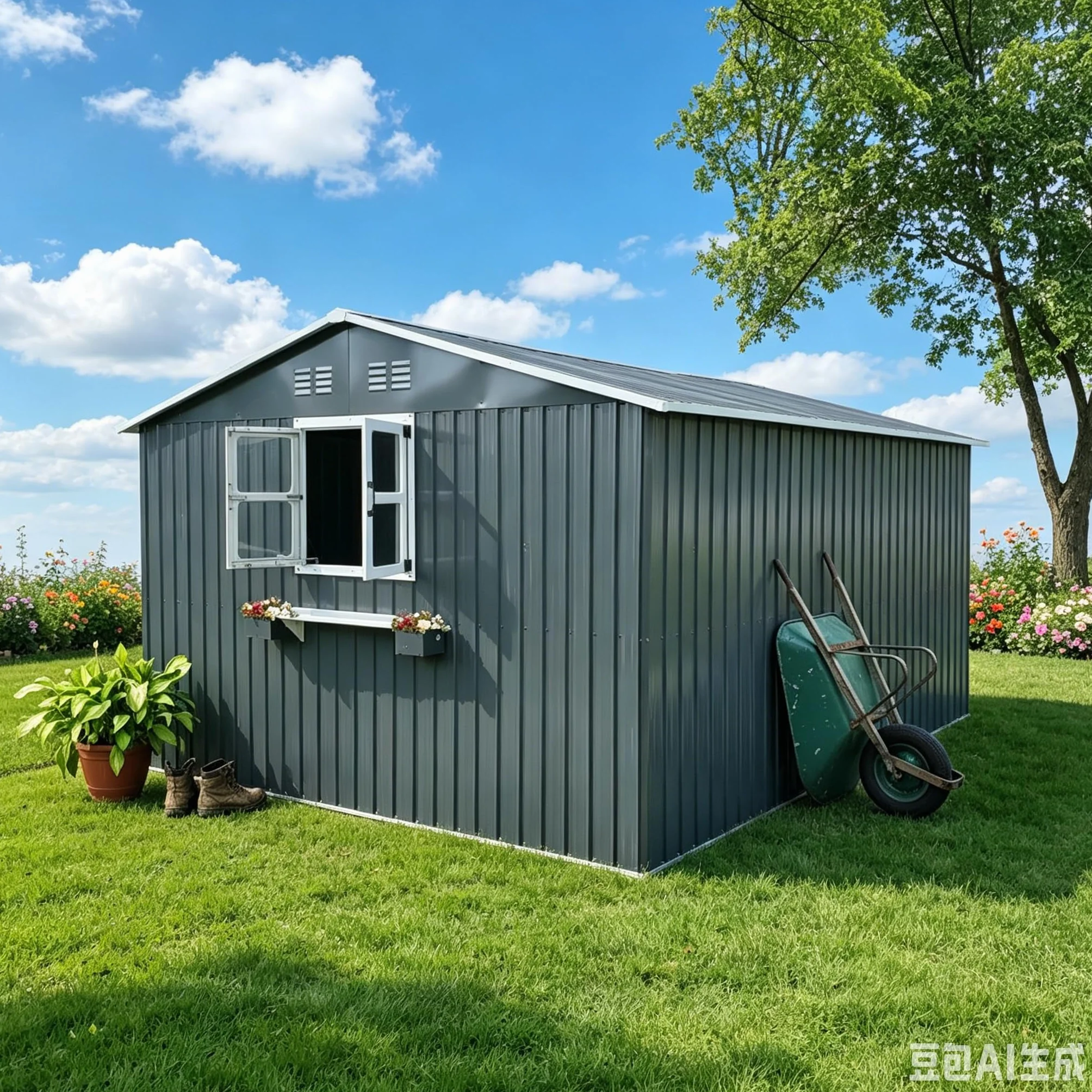 Caseta de jardín acero galvanizado 10,21 m² 3 ventanas puertas dobles cerradura estante flores impermeable gris antracita