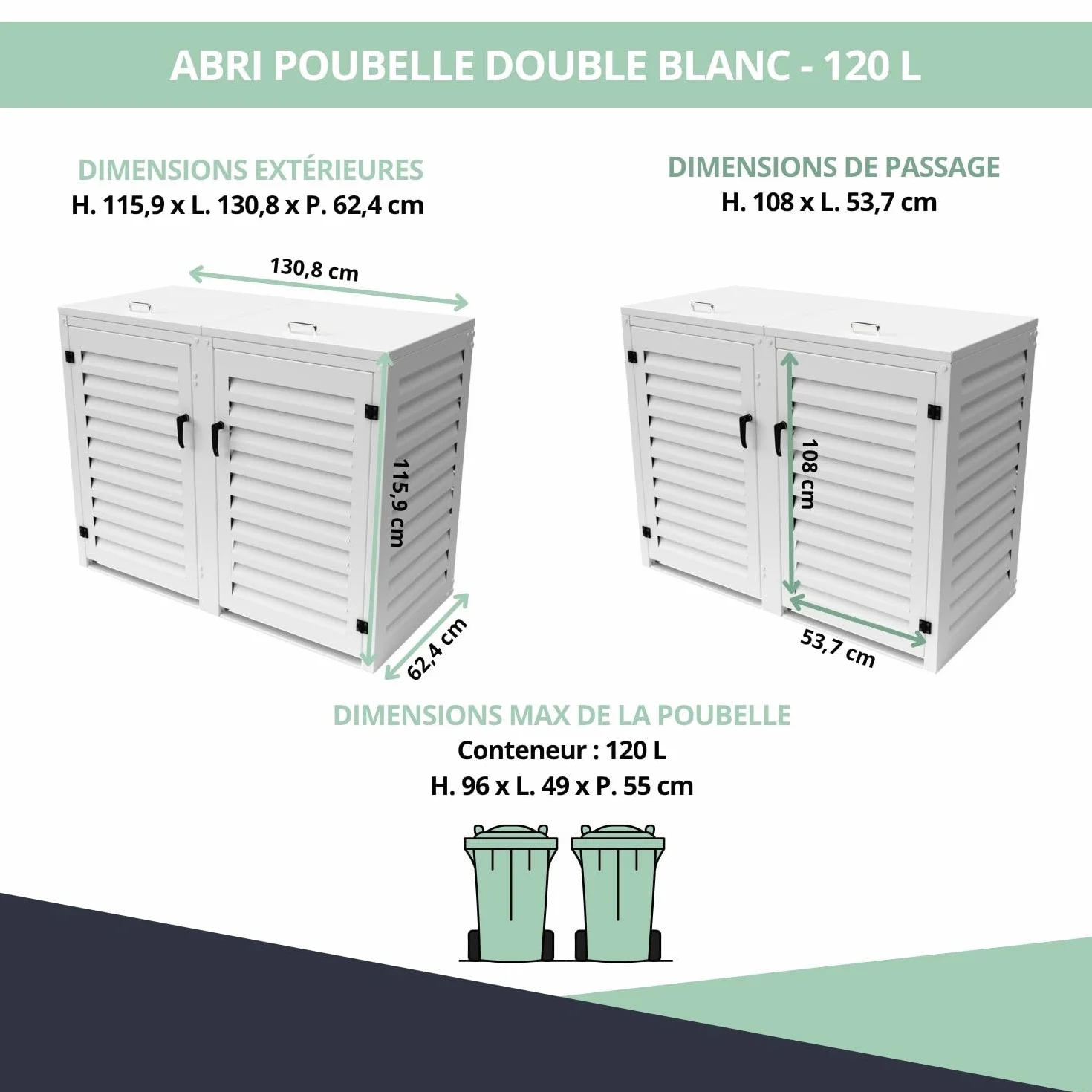 Refugio de basura exterior doble de aluminio termolacado para 2 cubos 120 L | Blanco RAL9010
