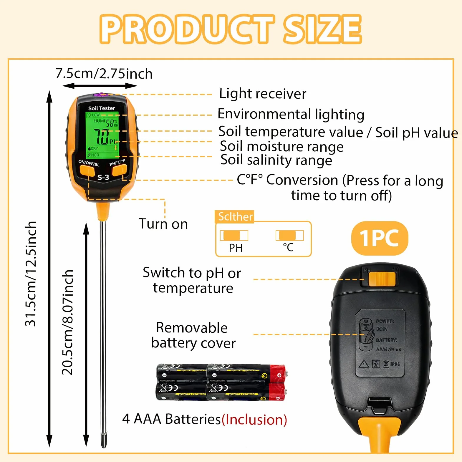 Medidor de Humedad Plantas 4 en 1, Medidor PH Tierra Digital con Pantalla LCD, Sensor Luz Solar para Jardinería