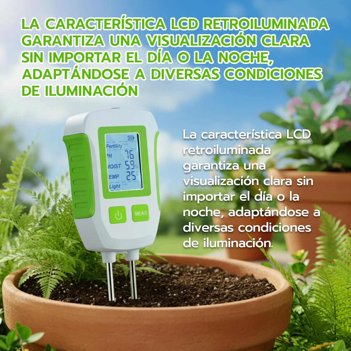 Mcbazel Medidor de Suelo 5 en 1, Analizador de pH, Humedad, Temperatura y Luz con Sonda Dual, Pantalla LCD