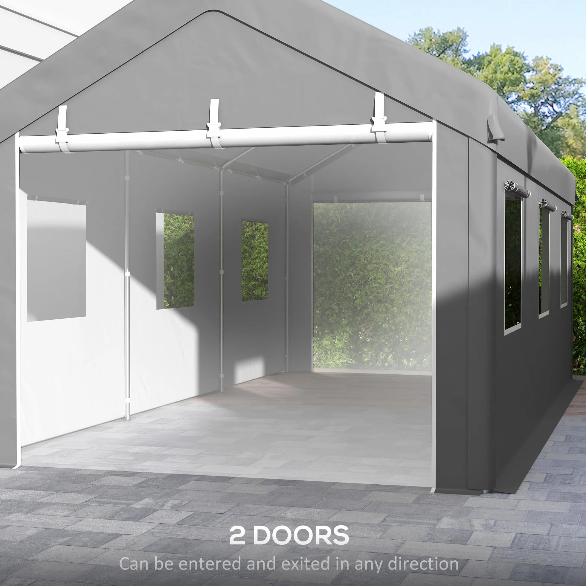 Outsunny Tente cochera Garaje 6L x 2,95l x 2,78H m Acero galvanizado PE Alta Densidad 160 g/m² Impermeable Anti-UV 2 Puertas enrollables 6 Ventanas