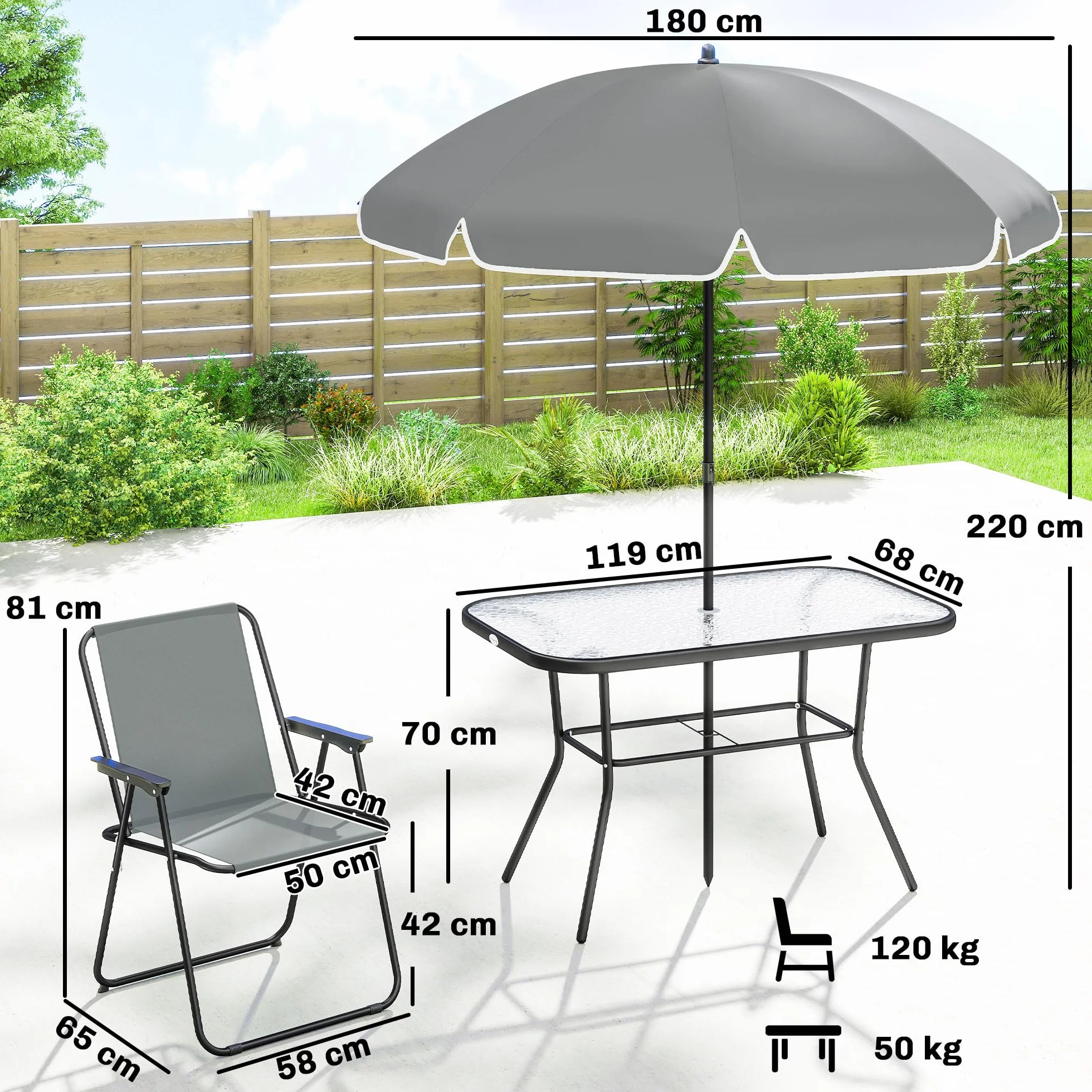 Outsunny Conjunto de Mesa y Sillas Jardín 8 Piezas, Muebles Exterior con Sombrilla, Sillas Plegables, Mesa Vidrio Templado, Gris