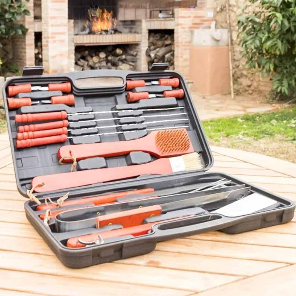 Kit Barbacoa - Juego de utensilios para barbacoa, utensilios de barbacoa, juego de herramientas para viajes, jardín, maletín, acero inoxidable y madera