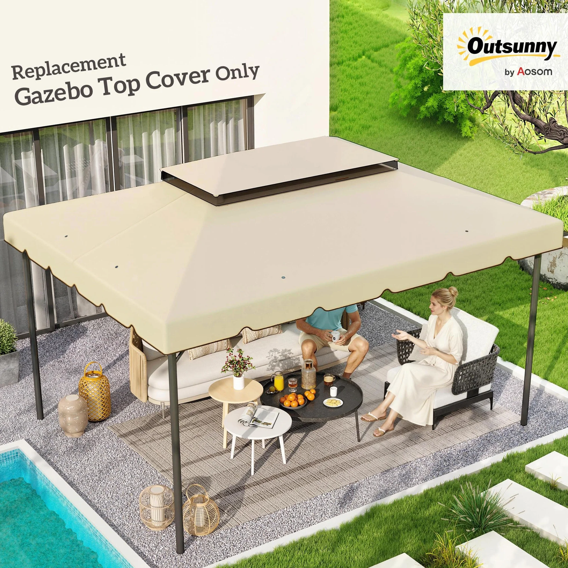 Outsunny Techo de Repuesto para Cenador, 4x3 m, Cubierta de Repuesto con Doble Techo, 8 Orificios de Drenaje, Solo Toldo de Recambio para Pabellón Gazebo, Beige