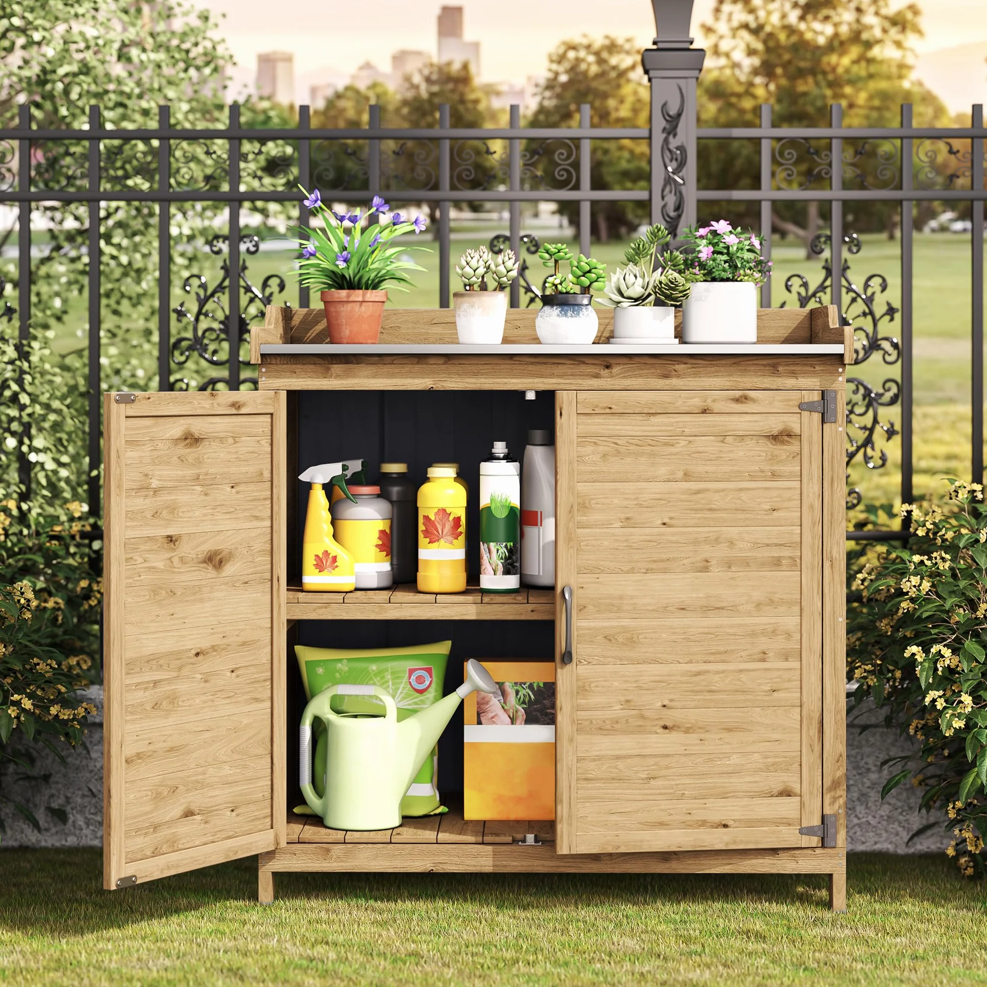 Bealife Mesa de Cultivo con Armario, Exterior para Macetas, Jardín, 98 x 48 x 95 cm, Natural