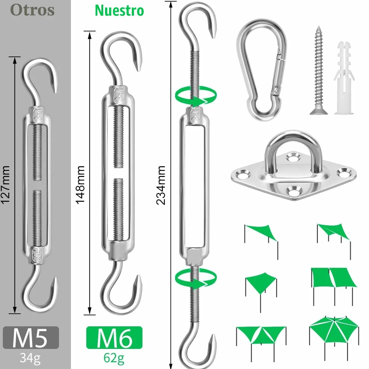 Kit Montaje Toldo Vela M6 Fijación Triángulo Rectángulo Acero Inoxidable 40 Piezas