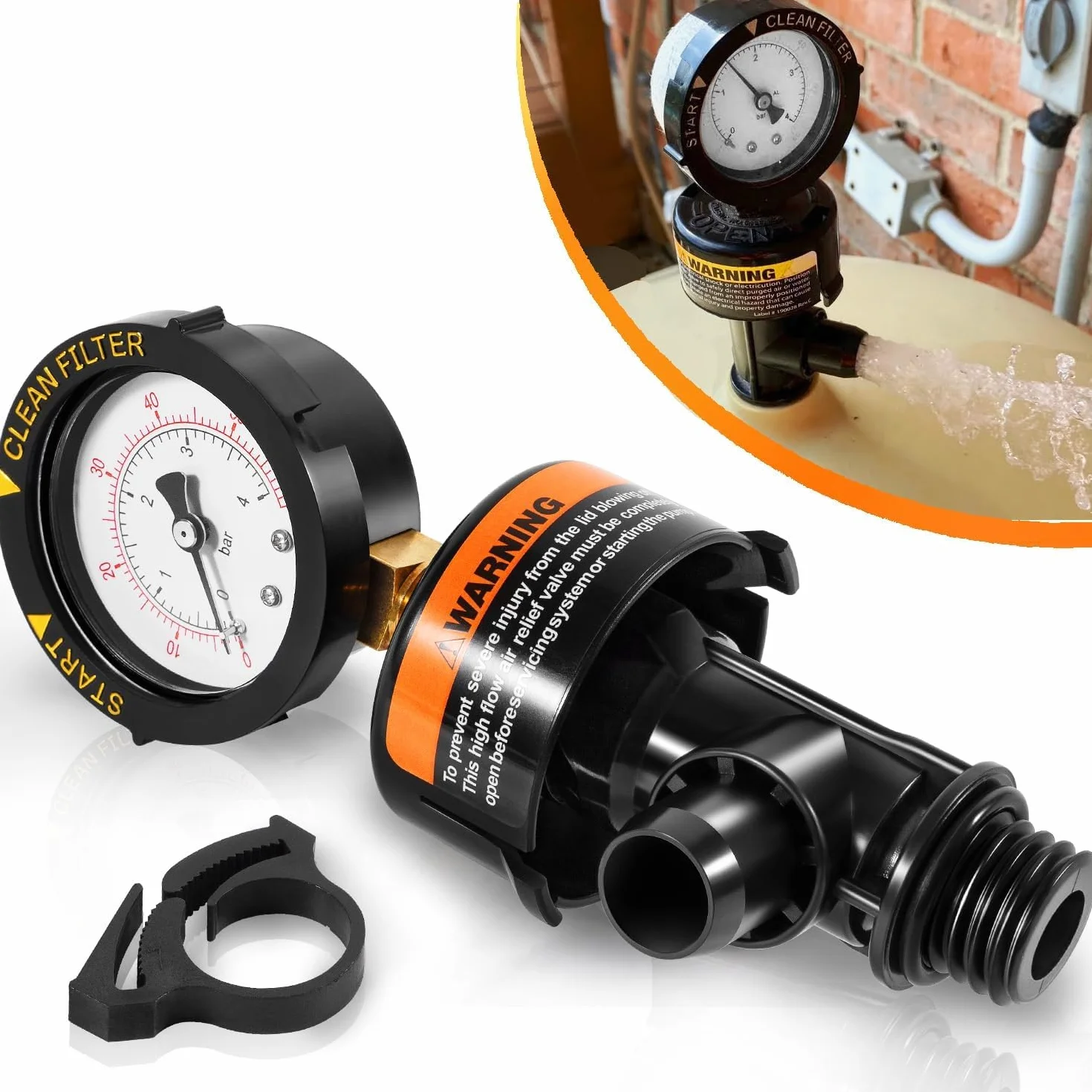 Válvula de purga de aire con manómetro para filtro de piscina compatible con 98209800 y 190058 Clean & Clear Warrior FNS Predator