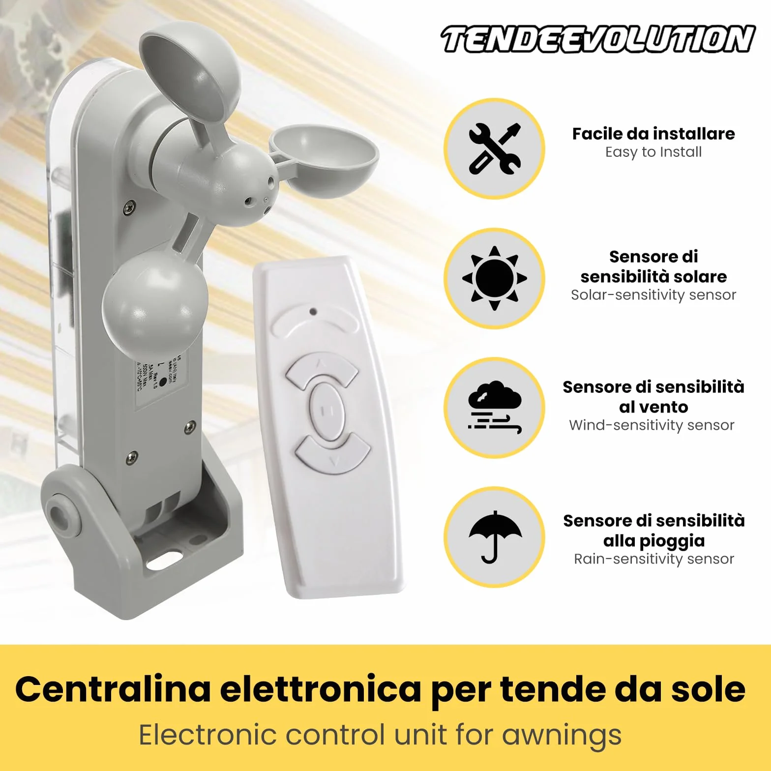 TENDEEVOLUTION Central de Mando para Toldo con Mando a Distancia y Sensor de Lluvia y Viento Anemómetro Exterior