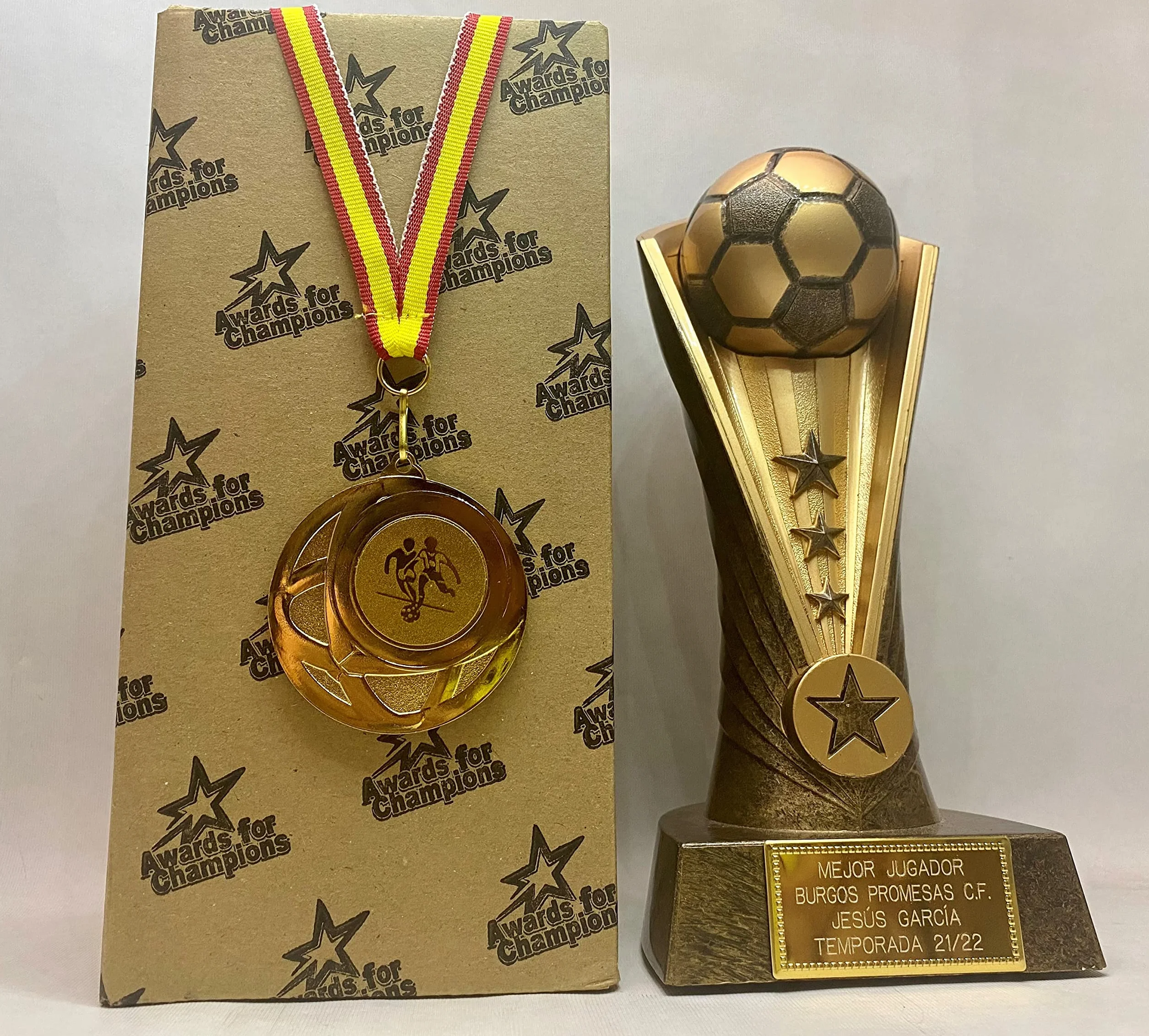 Trofeo de fútbol Balón de Oro grabado para mejor jugador, máximo goleador, con medalla de oro