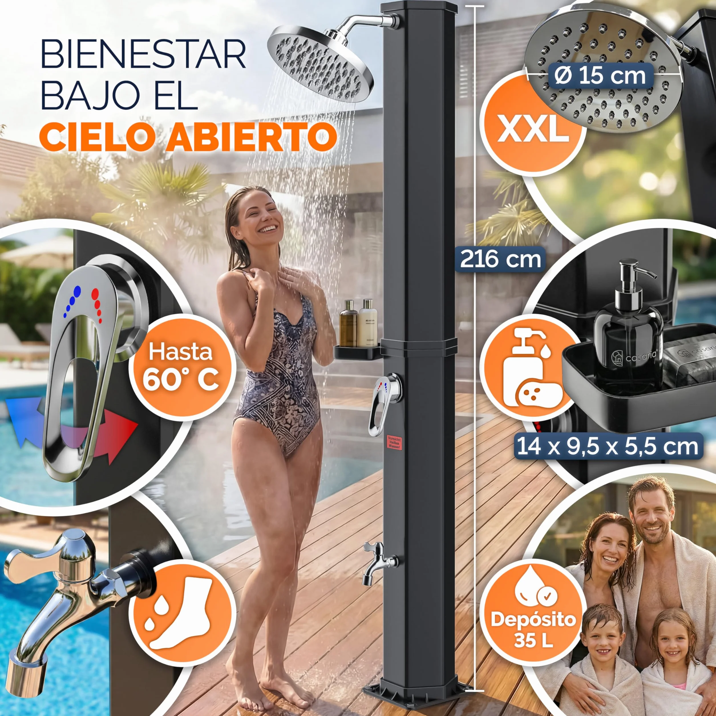 Ducha Solar Exterior 35 litros CASARIA Agua Caliente 60 °C Cabezal Lluvia Cubierta UV