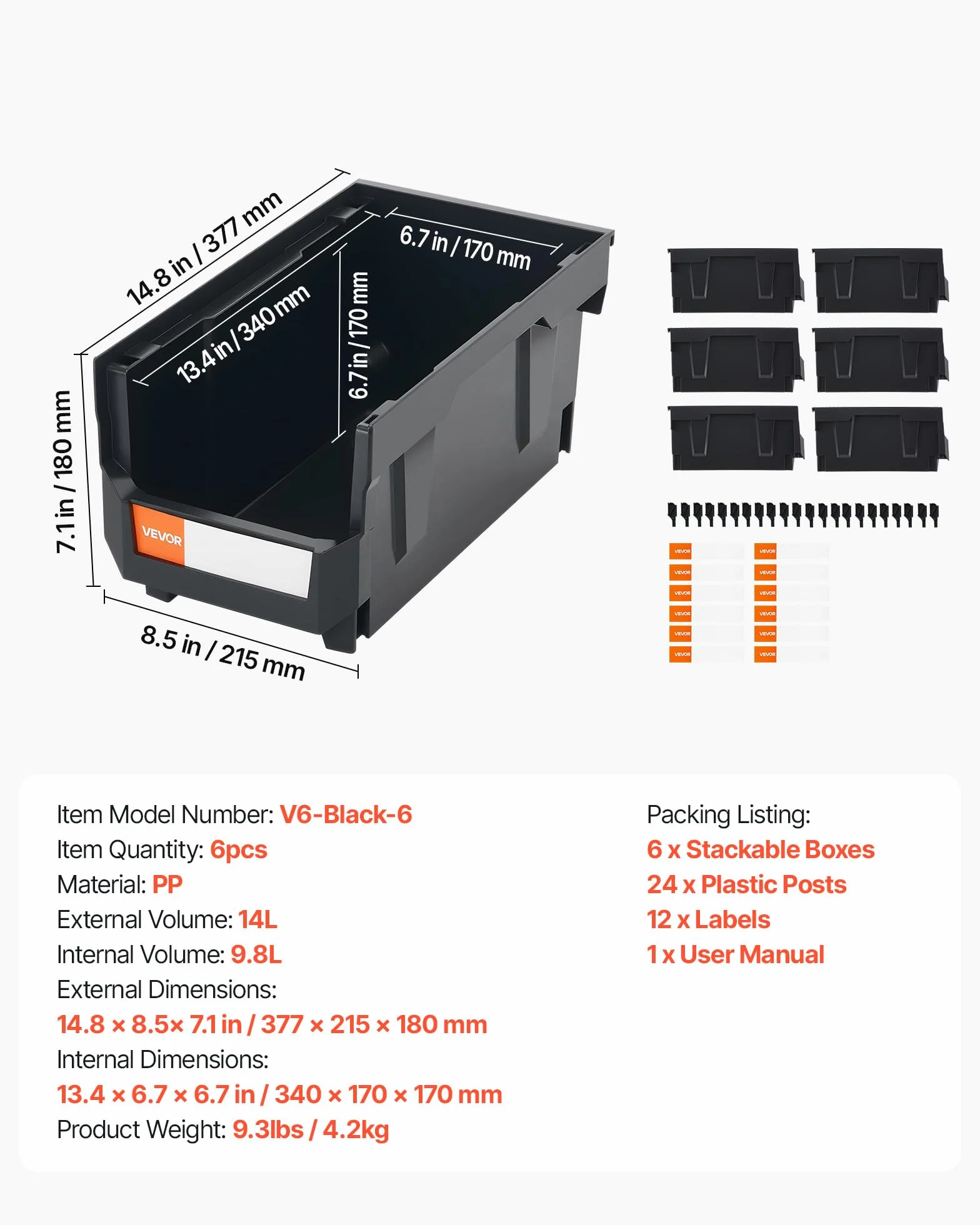 VEVOR Cajas Apilables 377 x 215 x 180 mm Almacenamiento Apertura Frontal Negro 6 uds