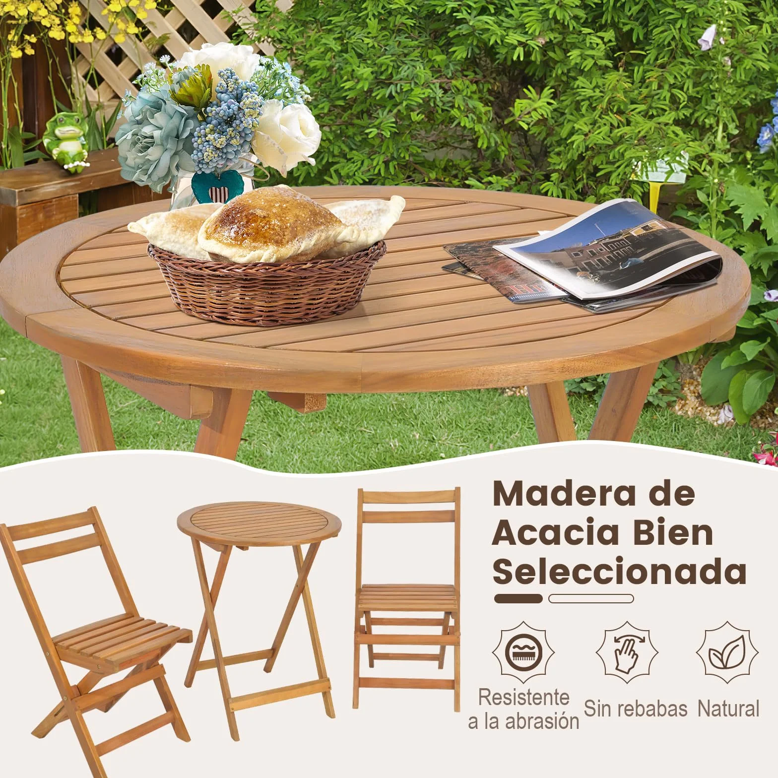COSTWAY Conjunto Mesa y Sillas Jardin, Mesa Redonda y 2 Sillas Plegables de Madera de Acacia para Exterior