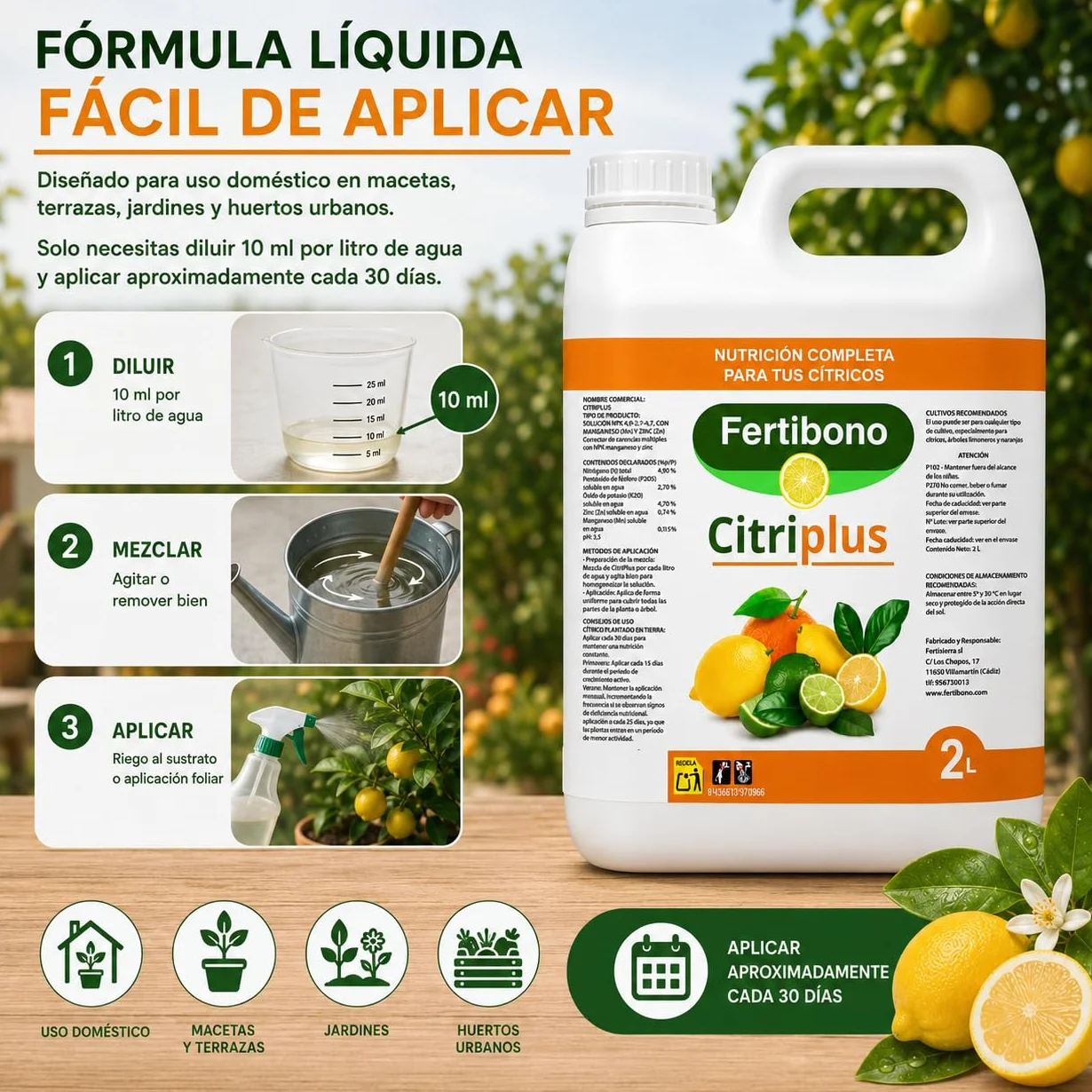 Fertibono CitriPlus Abono Cítricos 2L Rico en Hierro Zinc Magnesio NPK Ecológico
