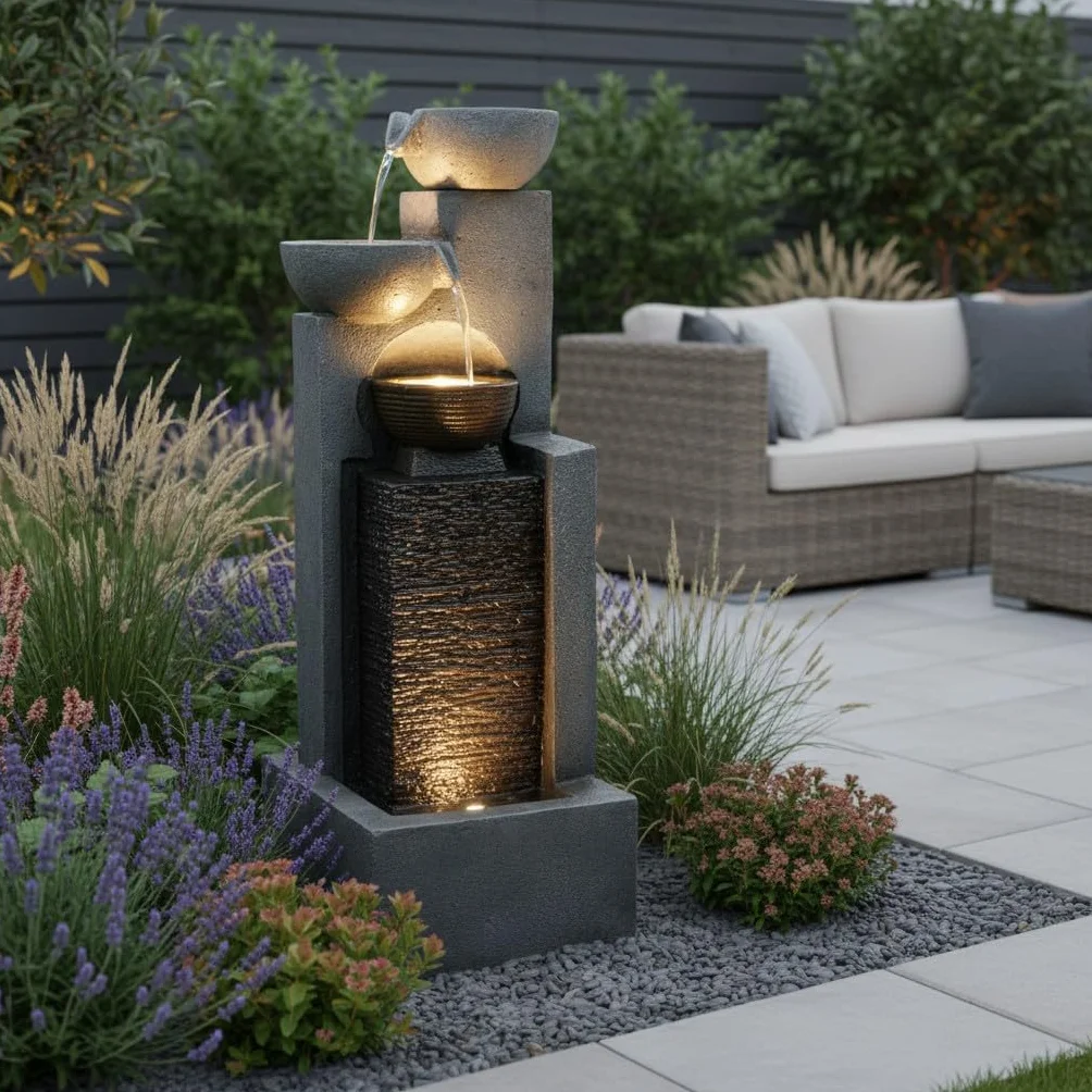 Fuente de Hierro Forjado de la Marca Gran Fuente, Iluminación LED y Cascada de Agua, Decoración de Jardín