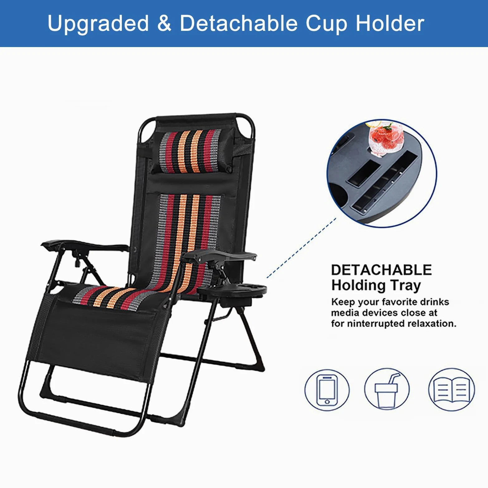 Juego de 2 sillas de gravedad cero con portavasos y soporte para teléfono, sillas de jardín reclinables ajustables para patio, camping, playa y piscina, tumbonas plegables para máxima comodidad (A)