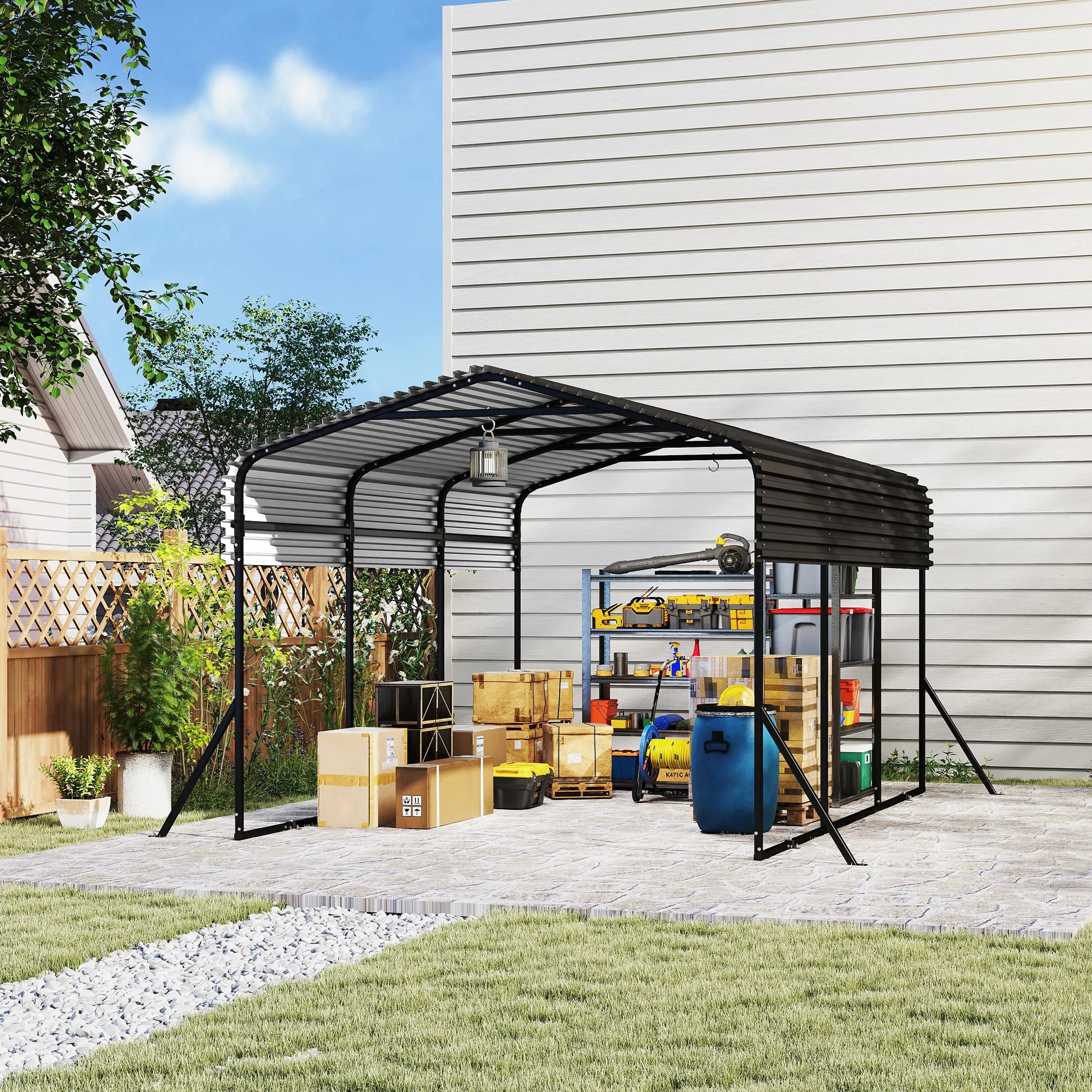 FIVMEN Carport Metal 300 x 450 cm Dosel para Coche Techo Puntiagudo Chapa Trapezoidal Resistente Intemperie