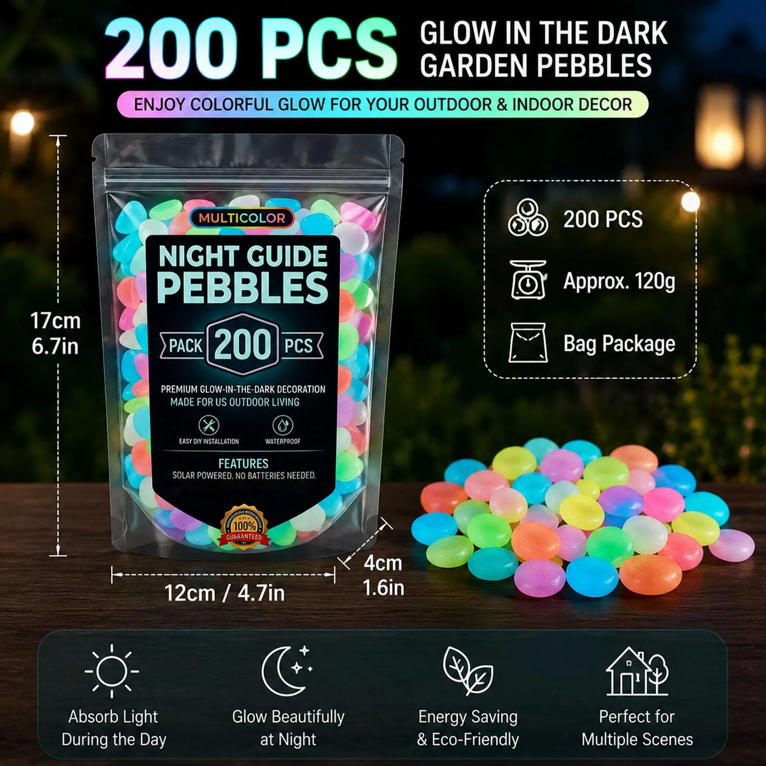 Glow in the Dark Pebbles Luminous Stones for Garden Pathways, Yard, Aquarium (Green, 400pcs)
