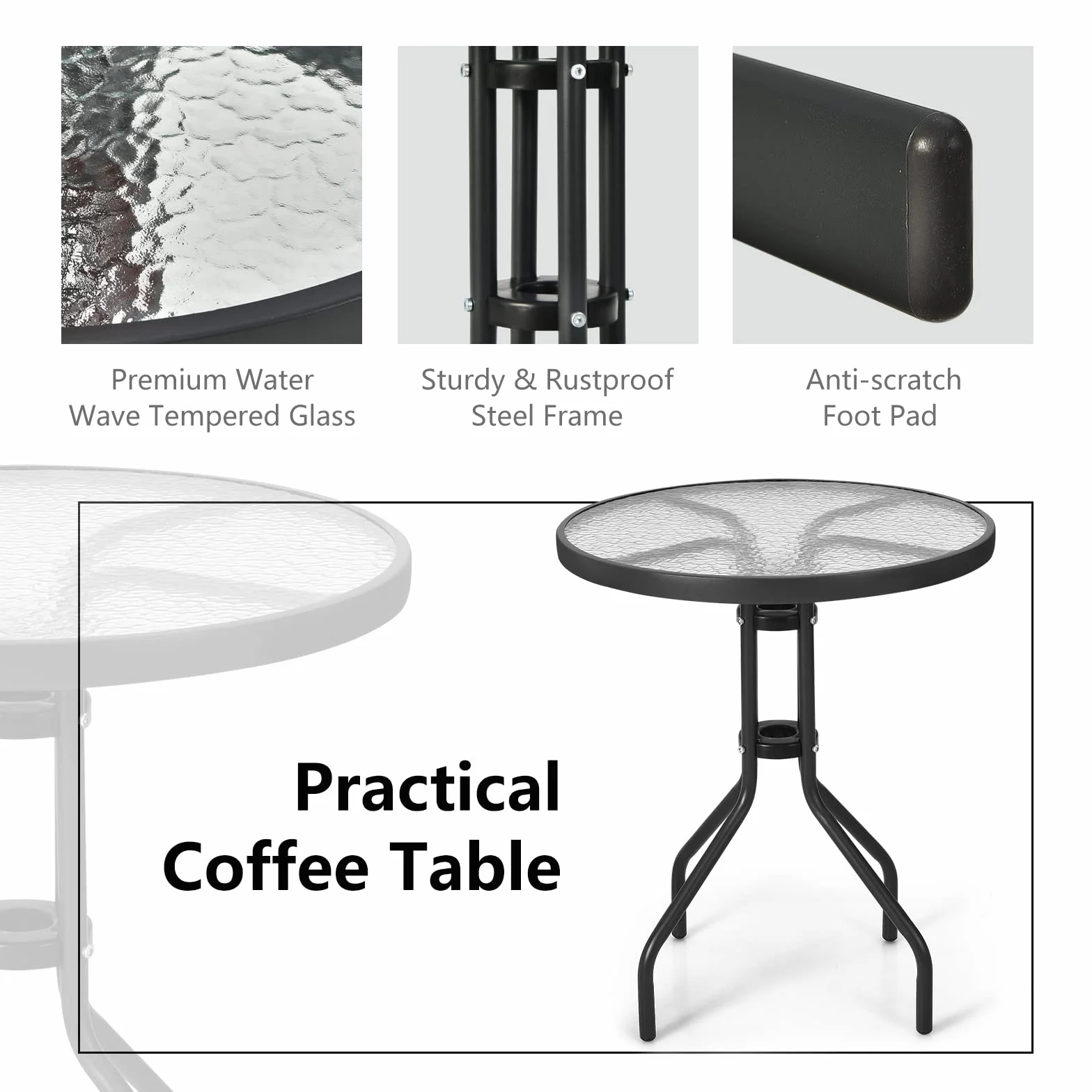 GIANTEX Conjunto de Muebles de Jardín 3 Piezas, Sillas Apilables, Marco de Metal, Mesa de Café con Tablero de Vidrio, Negro