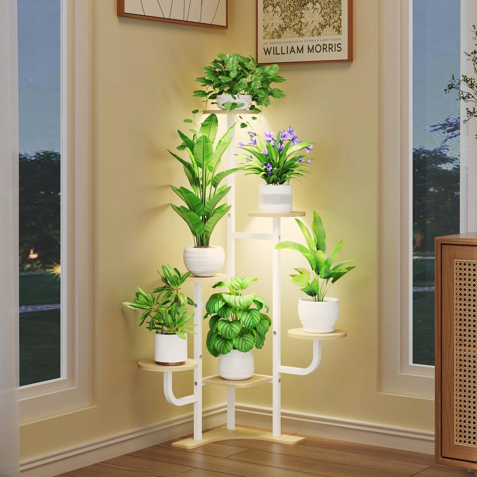 Homsorout Soporte esquinero para plantas con luz de crecimiento, soporte para plantas de 6 niveles, estante redondo de metal con luz ajustable, organizador de plantas para sala de estar, jardín