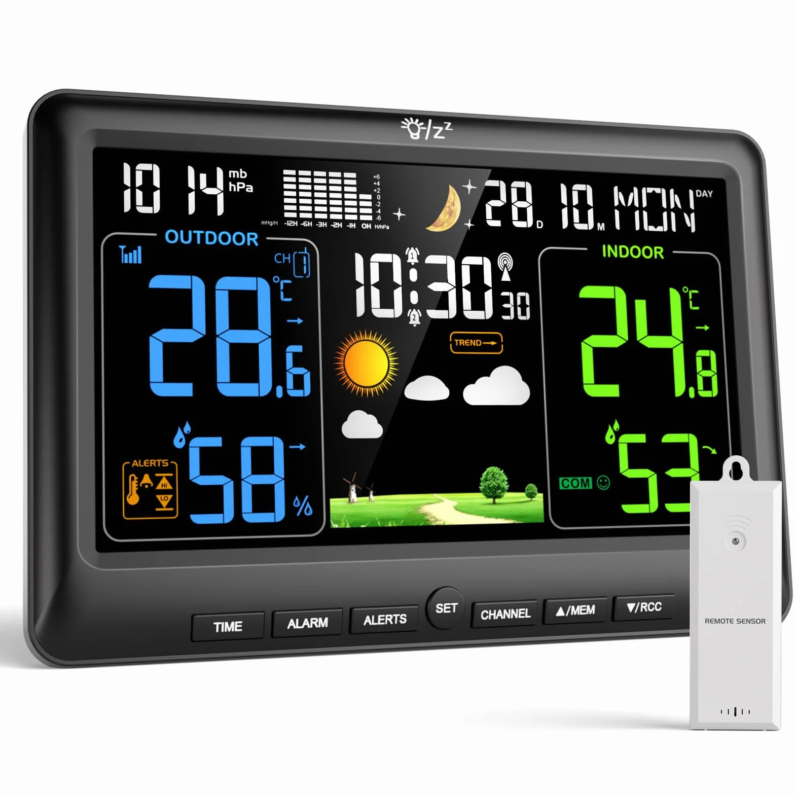 LIORQUE Estacion Meteorologica Interior Exterior, Pantalla Grande a Color, Monitor de Temperatura y Humedad, Presion Atmosferica, Fases Lunares, Reloj Digital con Alarma y Snooze