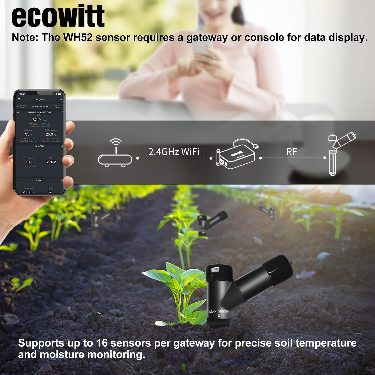 ECOWITT WH52 Sensor de Humedad del Suelo 3 en 1 16 Canales + EC + Temperatura, Higrómetro para Plantas Interior/Exterior