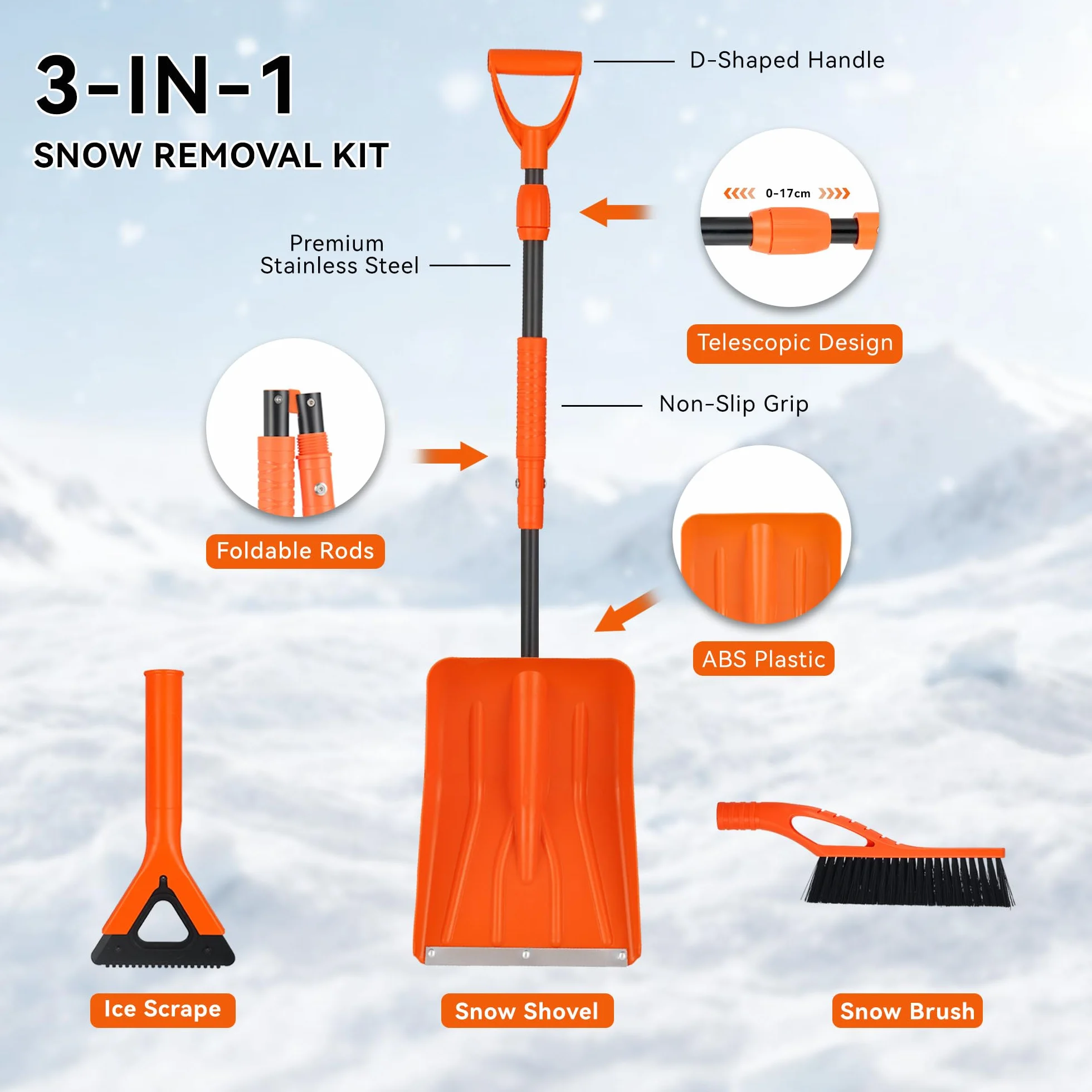 Kit de pala de nieve plegable 3 en 1 con cepillo y raspador de hielo, varilla telescópica de 127 cm