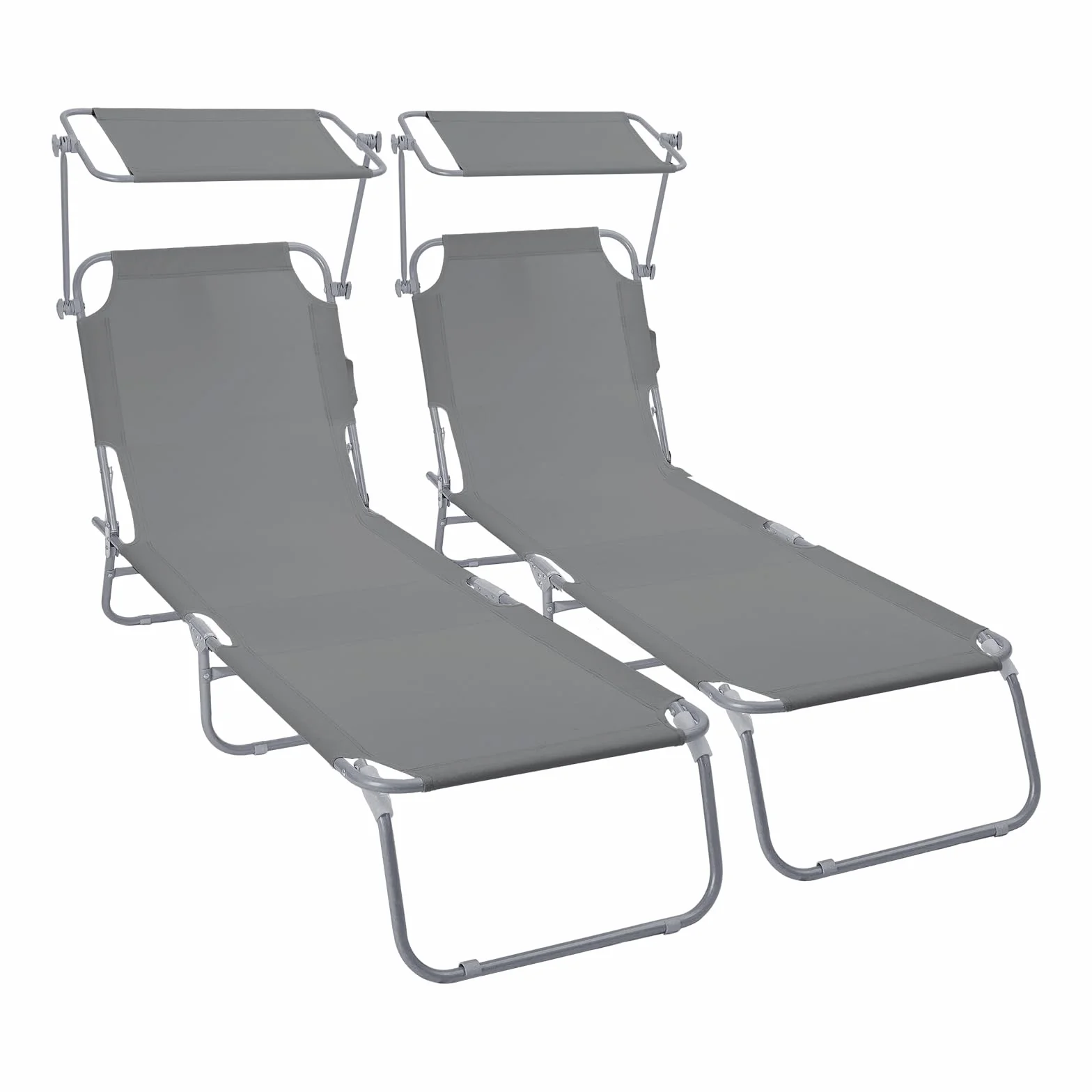 VOUNOT® Set de 2 Tumbonas Plegables con Parasol Ajustable Tumbona Playa Reclinable Respaldo Regulable 4 Posiciones Tejido Poliéster Carga Máx. 120 kg para Jardín Terraza Piscina Camping Exterior Gris