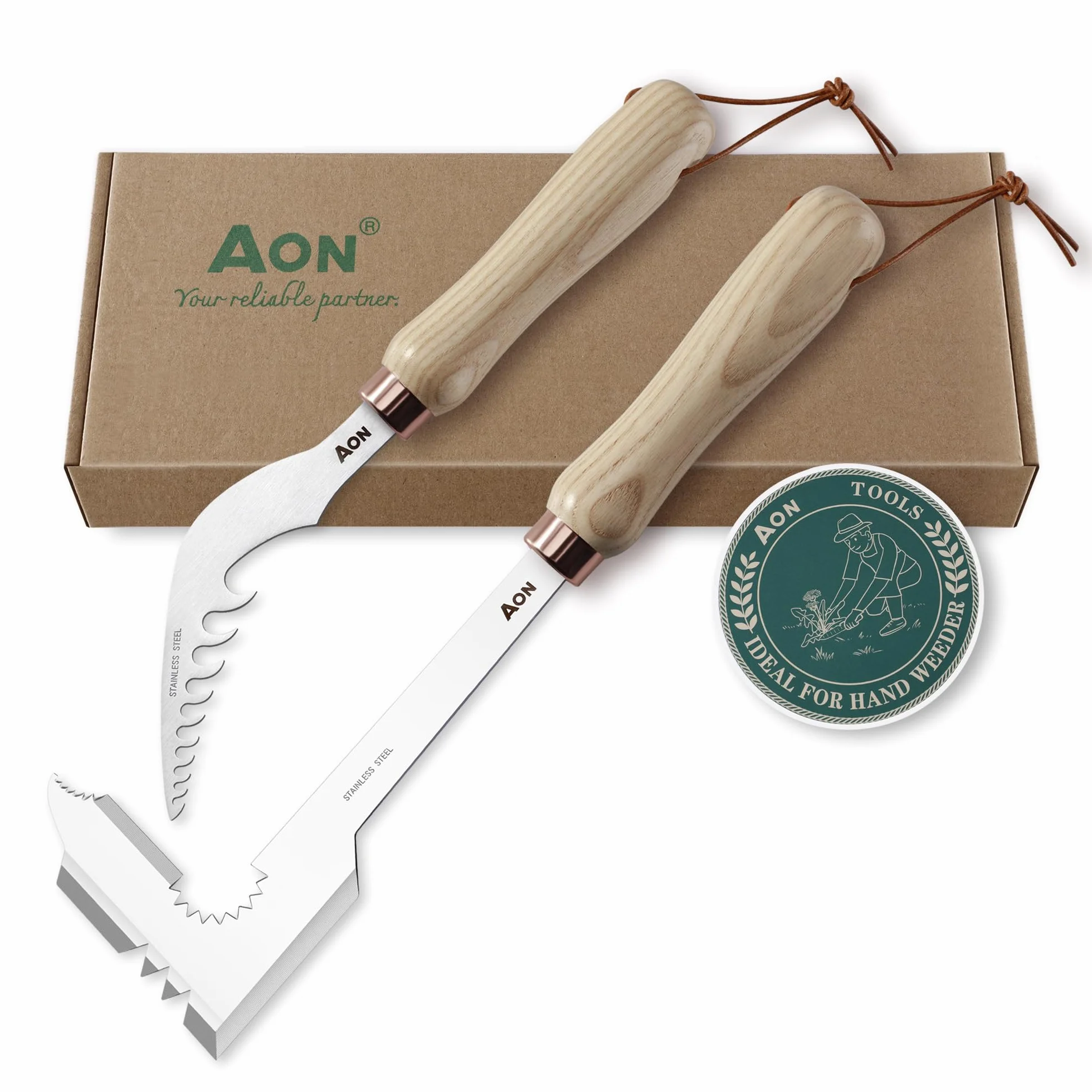 AON Extractor de Malas Hierbas 2-Pack – Acero Termotratado, Mango Ergonómico de Fresno para Jardín y Césped
