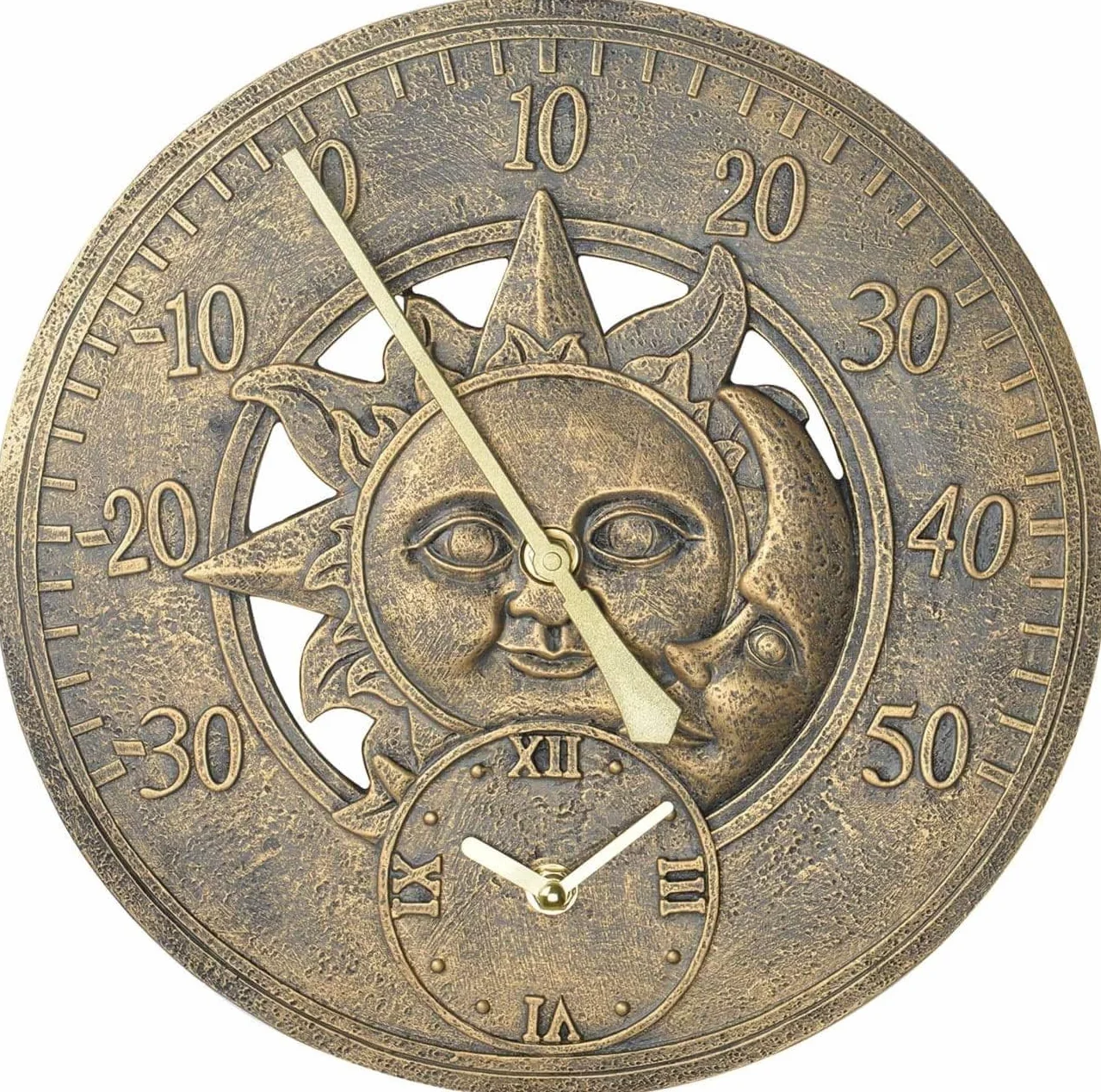 Termómetro de jardín analógico de pared bronce sol y luna 30 cm vintage resistente intemperie estación meteorológica