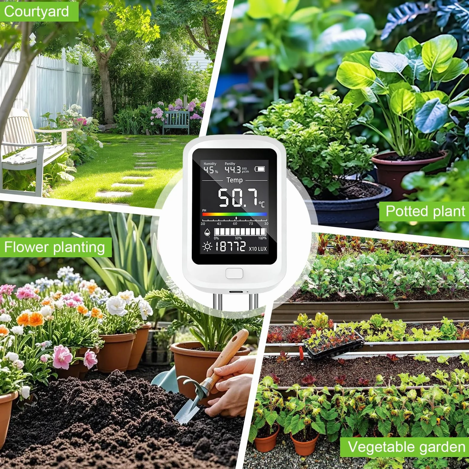 Medidor de pH de tierra 6 en 1, medidor de humedad digital para suelo con PH, temperatura, humedad, luz, fertilidad para jardín