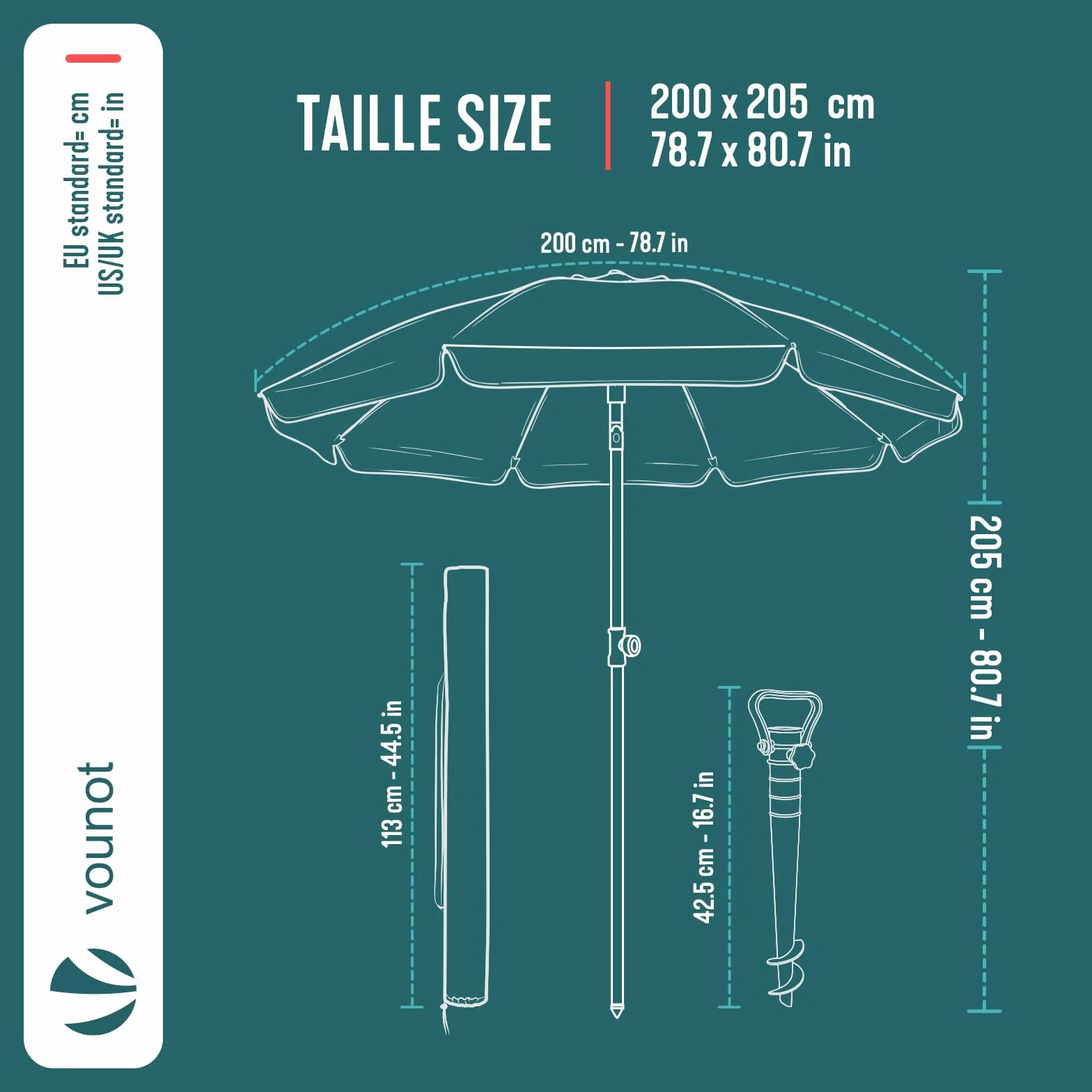 VOUNOT Parasol Playa Grande Ø200cm Protección UV 50+ Soporte Arena Mástil Inclinable Altura Regulable con Bolsa Transporte