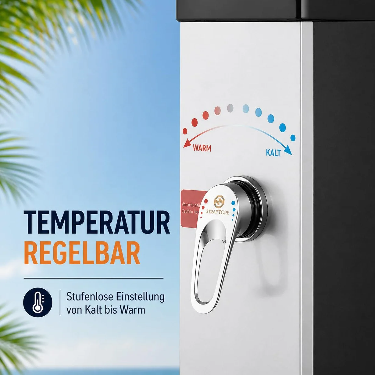 Ducha Solar de Jardín Exterior 40 Litros Hasta 60°C Grifo Conexión Manguera Cabezal Regulable Ocean Negro/Plata
