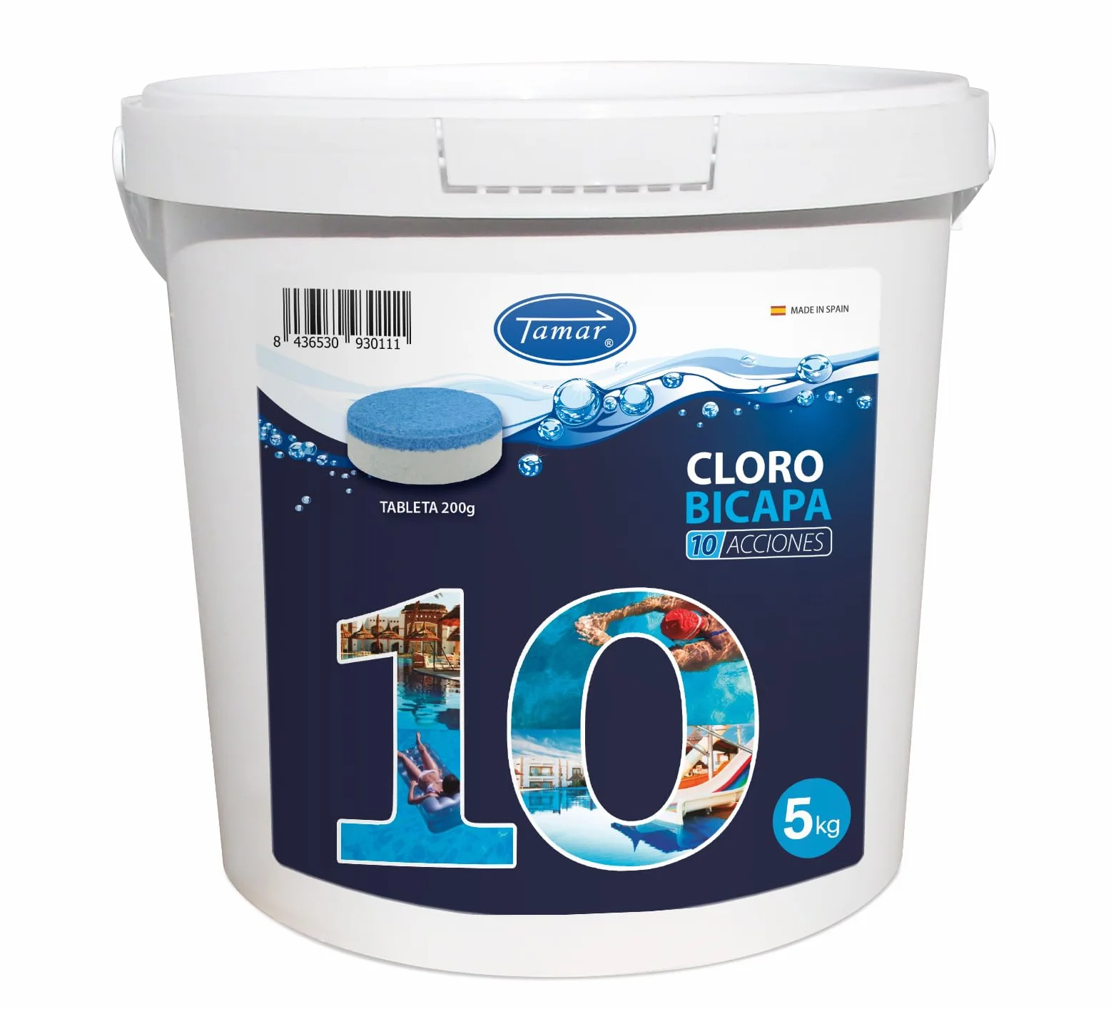 Tamar Cloro 10 Acciones Bicapa, Tabletas Multifuncion 200 grs Biocida para Piscinas, Tratamiento Completo 5 Kilos